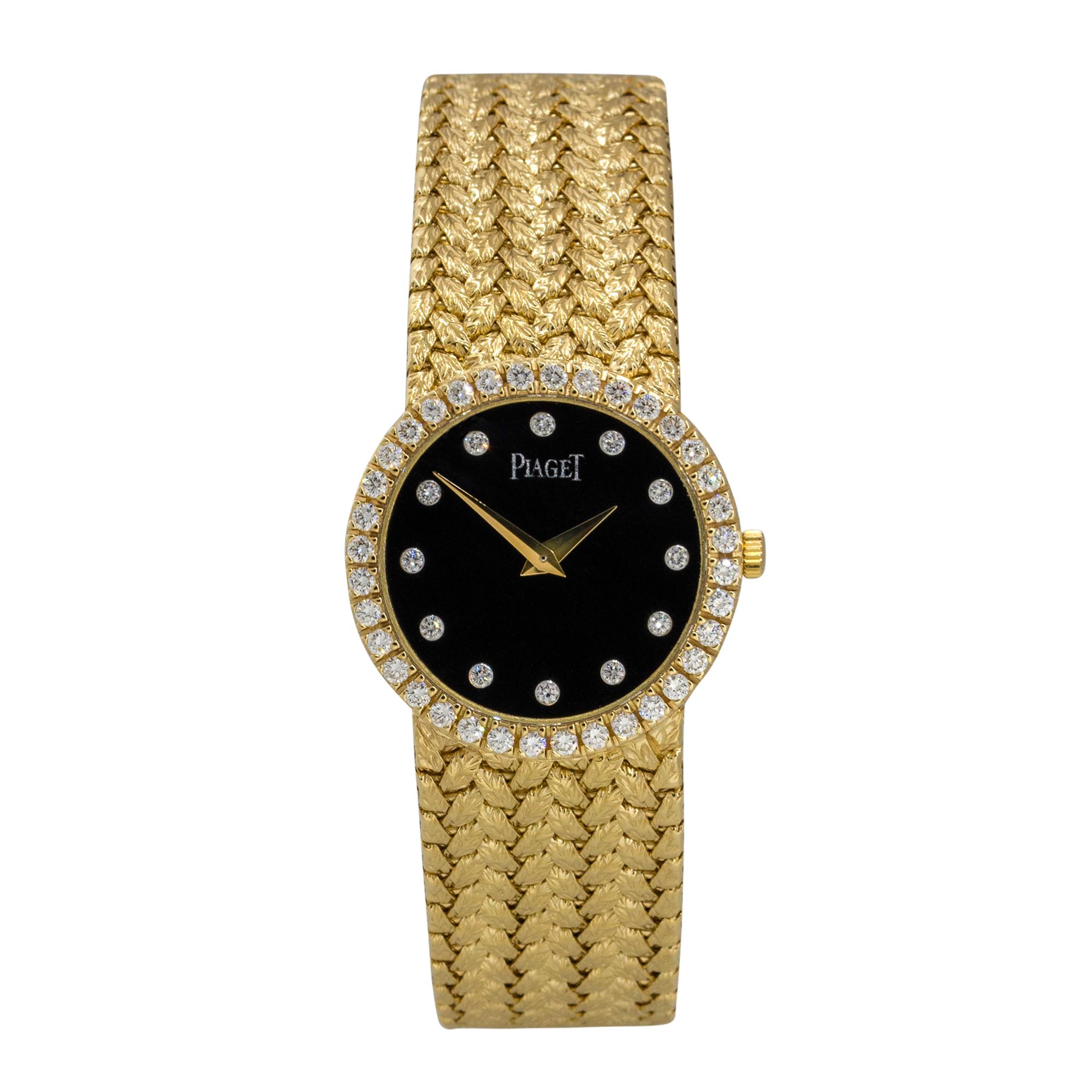 Brand: Piaget
Case Material: 18k Yellow Gold
Case Diameter: 24mm
Crystal: Sapphire Crystal
Bezel: 18k Yellow Gold Diamond bezel
Dial: Black Onyx dial with yellow gold hands and Diamond hour markers
Bracelet: 18k Yellow Gold bracelet
Size: Will fit a