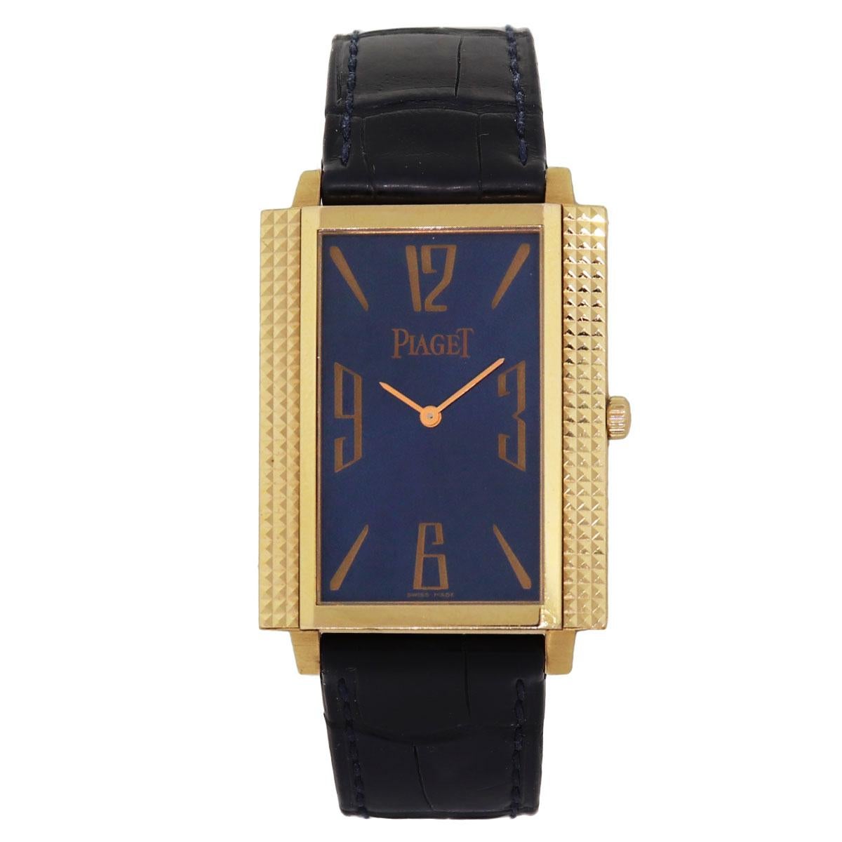 Brand: Piaget
MPN: 90300
Model: Mécanique
Case Material: 18k rose gold
Case Diameter: 27mm
Bezel: Pattern texture
Dial: Blue dial
Bracelet: Black leather strap (factory)
Crystal: Sapphire
Size: Will fit up to a 7″ wrist
Clasp: 18k rose gold tang