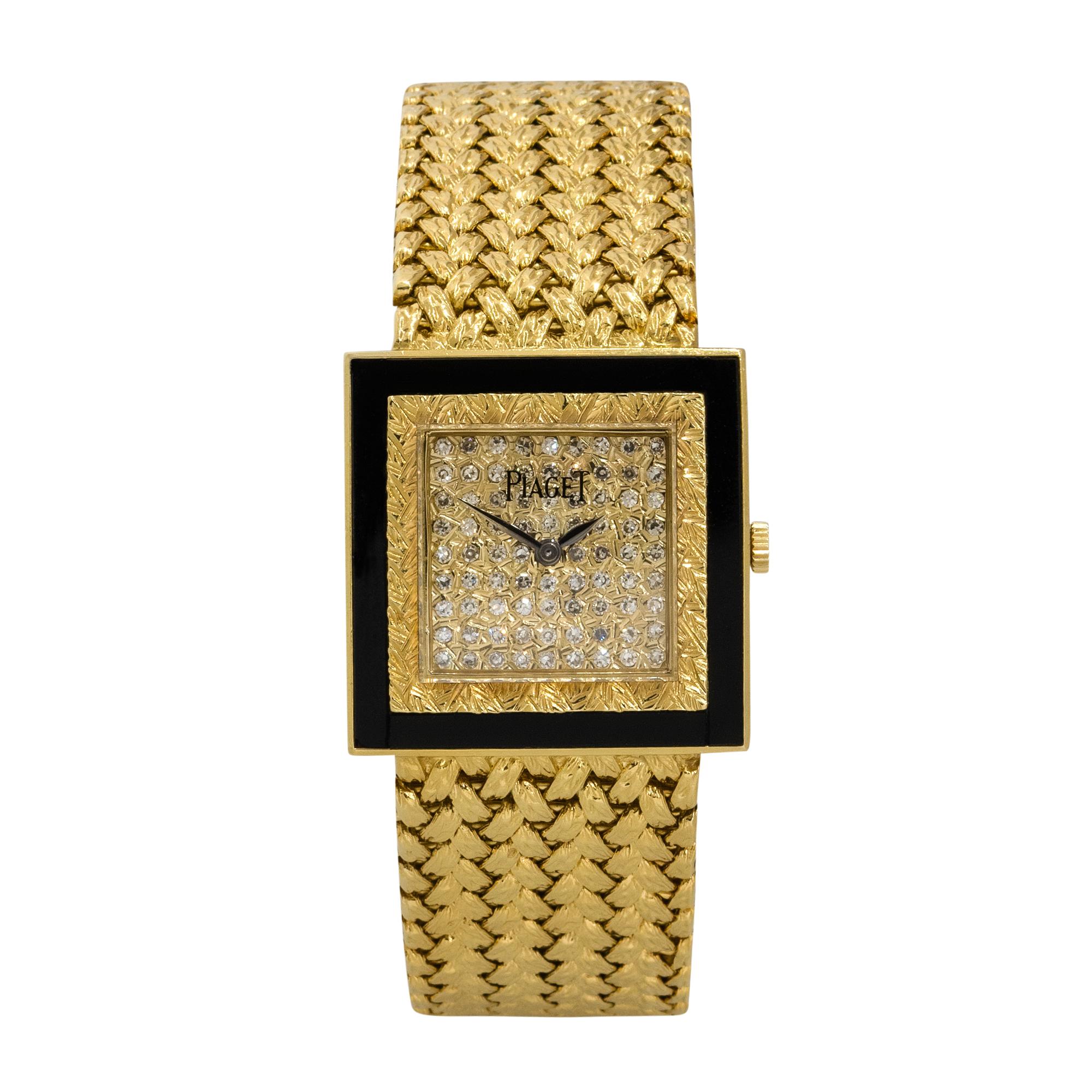Brand: Piaget
Case Material: 18k Yellow Gold
Case Diameter: 25mm
Crystal: Sapphire Crystal
Bezel: 18k Yellow gold bezel with black Onyx
Dial: 18k yellow gold dial with Diamond pave center
Bracelet: 18k Yellow Gold
Size: Will fit a 5.5