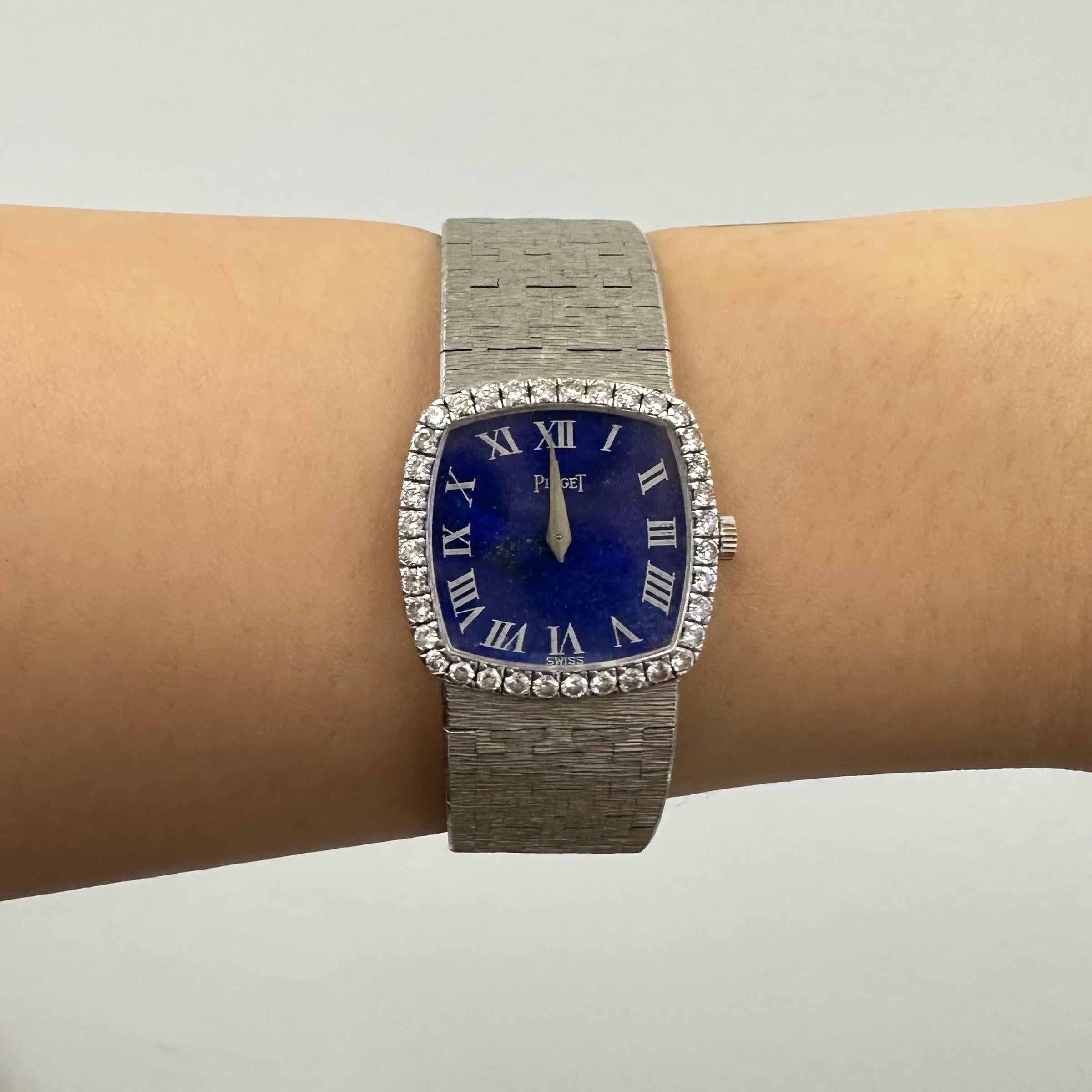 Round Cut Piaget 9236 Vintage Lapis Lazuli and Diamond White Gold Watch