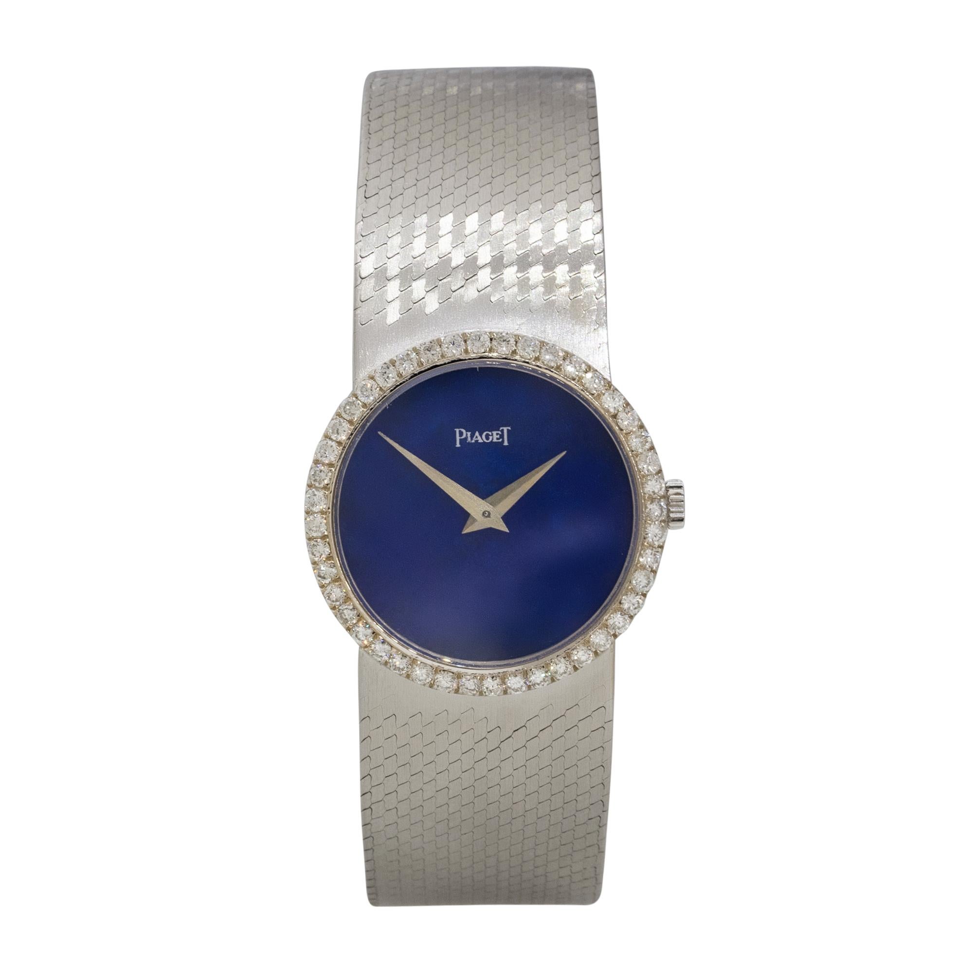 Brand: Piaget
Case Material: 18k White Gold
Case Diameter: 24mm
Crystal: Sapphire Crystal
Bezel: 18k White Gold Diamond Bezel
Dial: Blue Lapis dial with white gold hands
Bracelet: 18k White Gold bracelet
Size: Will fit a 5.5