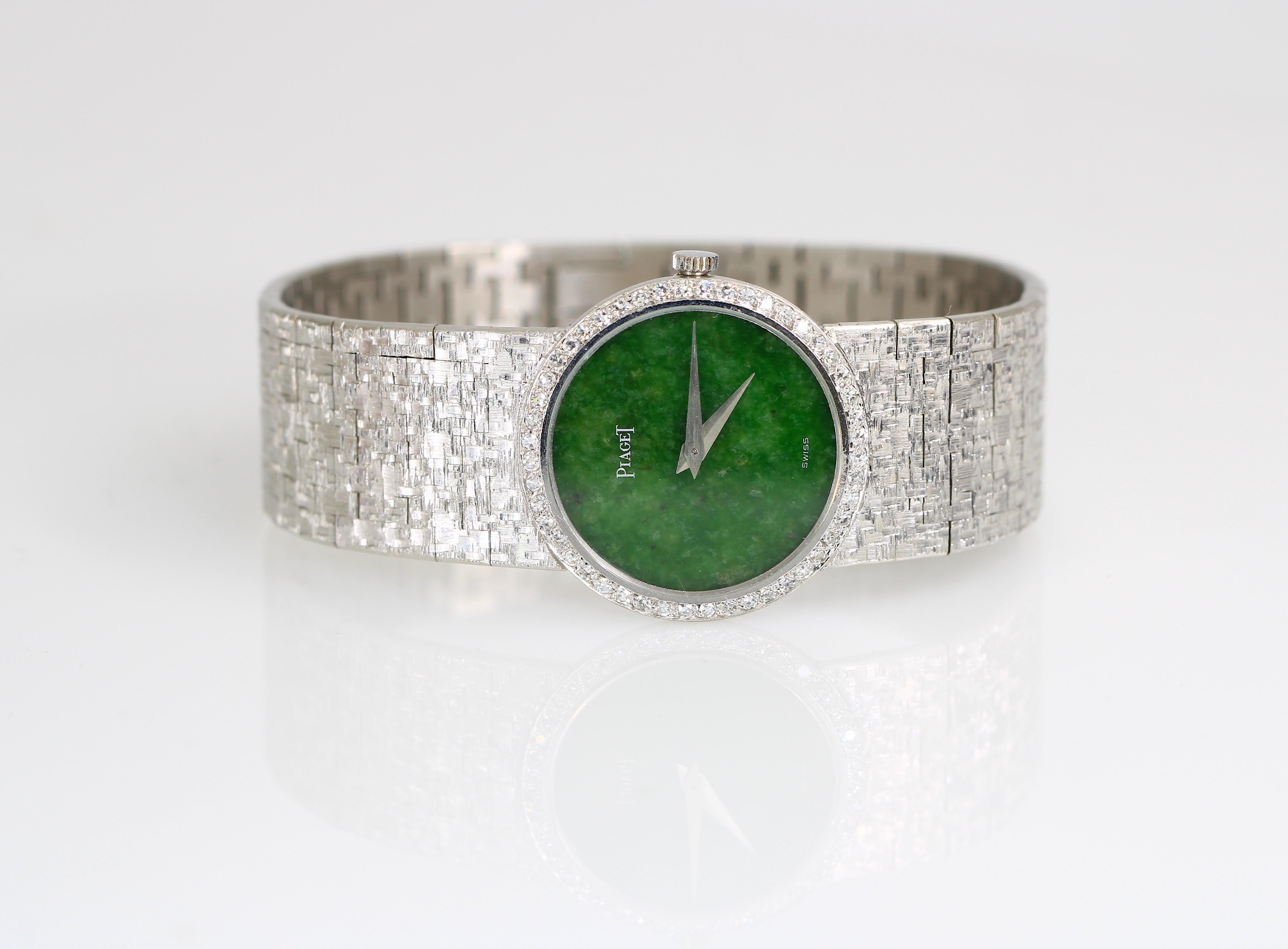 Round Cut Piaget 9706 A6 White Gold Jade Dial Diamond Bezel Ladies Watch For Sale