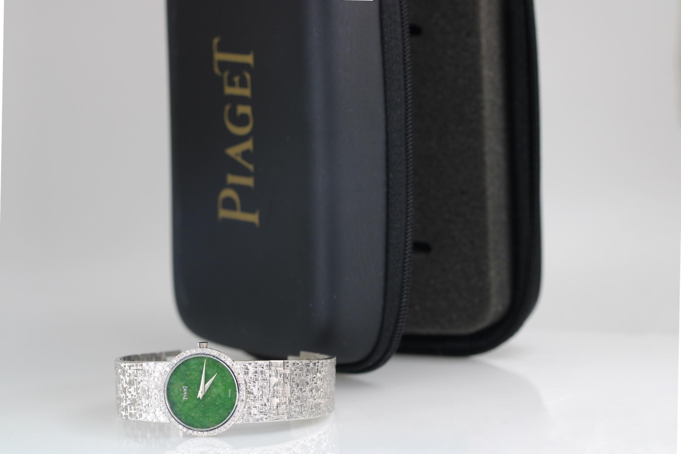 Women's Piaget 9706 A6 White Gold Jade Dial Diamond Bezel Ladies Watch For Sale