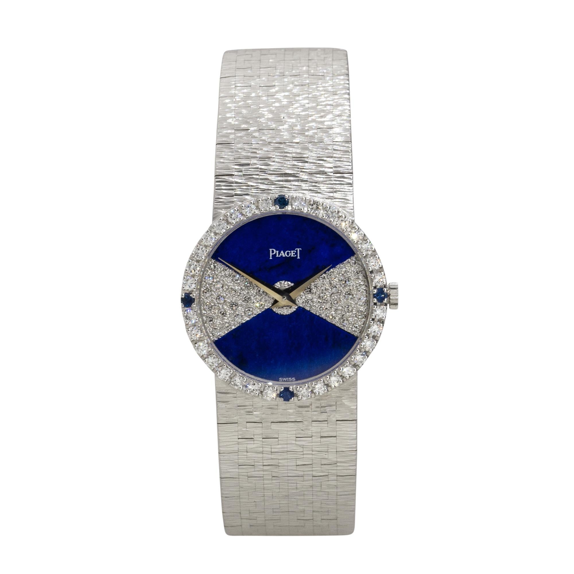 Brand: Piaget
Case Material: 18k White Gold
Case Diameter: 24mm
Crystal: Sapphire Crystal
Bezel: 18k White Gold bezel with Diamonds and Sapphire gemstones
Dial: Blue Lapis dial with silver hands and Diamonds
Bracelet: 18k White Gold
Size: Will fit a