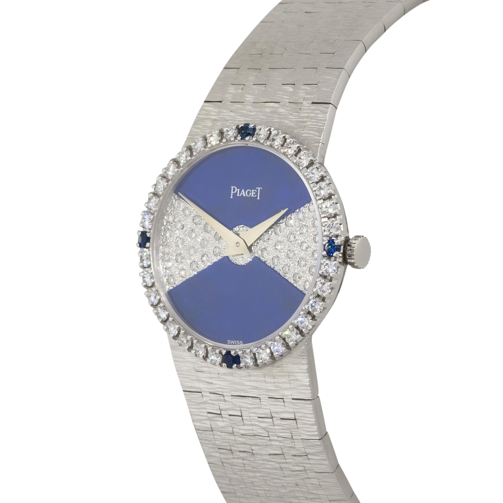 Round Cut Piaget 9706A6 18k White Gold Lapis & Diamond Ladies Watch