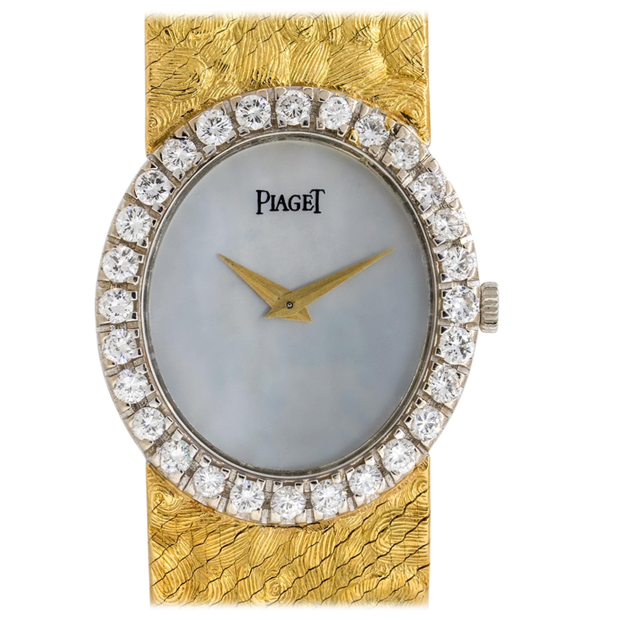Piaget 9814 Mother of Pearl Dial Diamond Watch 18 Karat in Stock For Sale