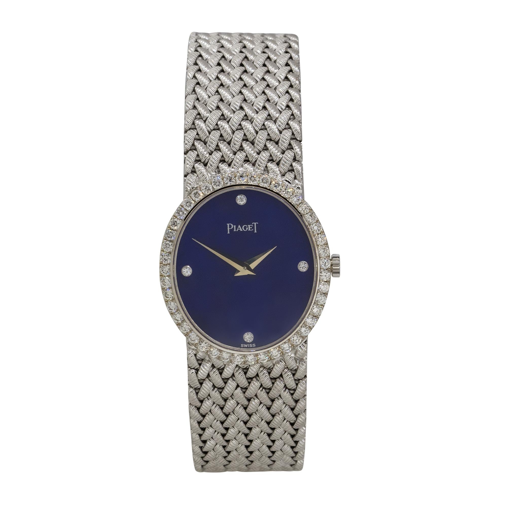 Brand: Piaget
Case Material: 18k White Gold
Case Diameter: 24mm
Crystal: Sapphire Crystal
Bezel: 18k White Gold Diamond Bezel
Dial: Blue lapis dial with Diamond hour markers
Bracelet: 18k White Gold
Size: Will fit a 6