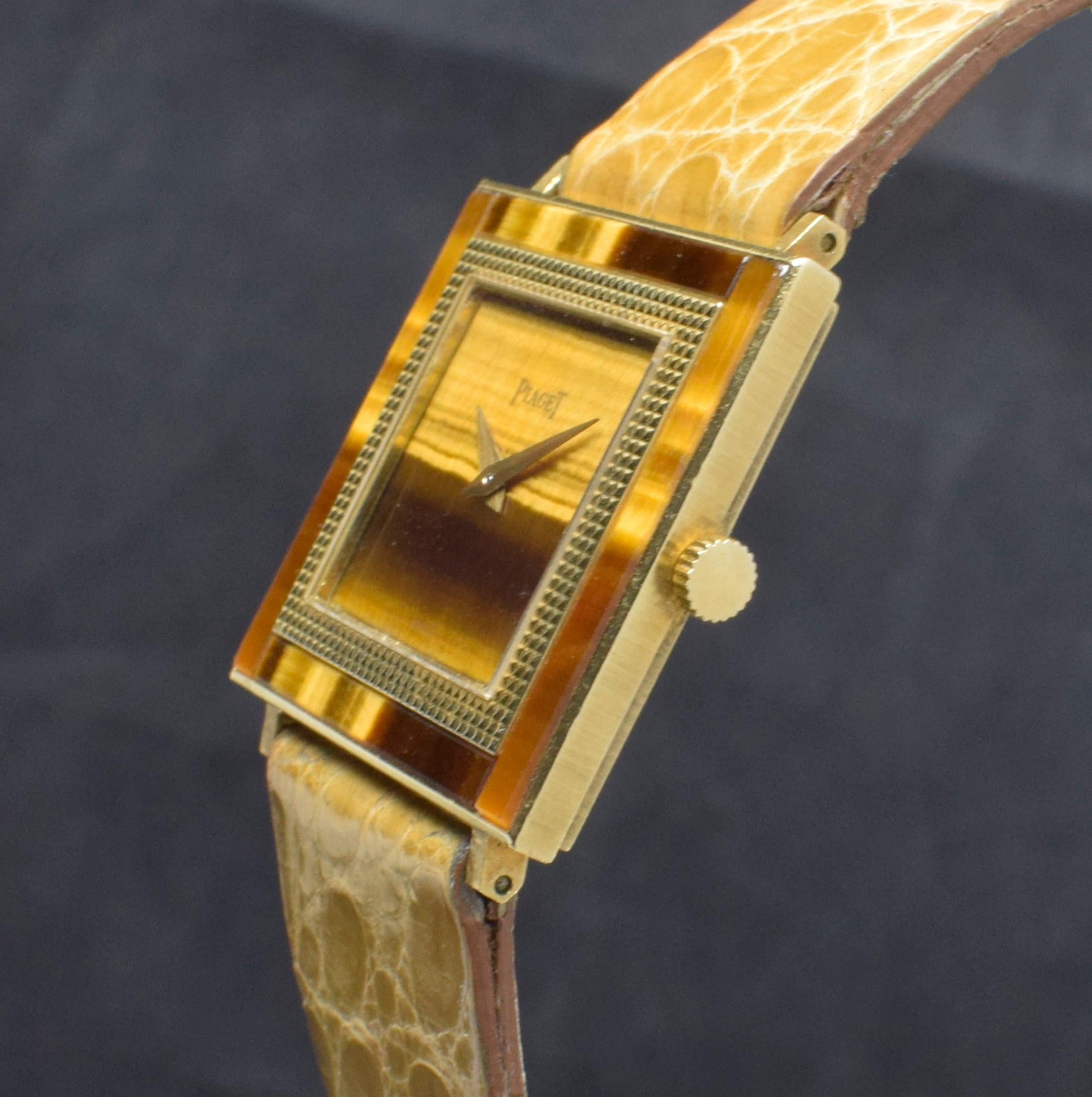 Piaget Altiplano 18K YG Tiger Eye Dial 9200 w/750 Butterfly Buckle, 1970s In Good Condition For Sale In Central & Western District, HK