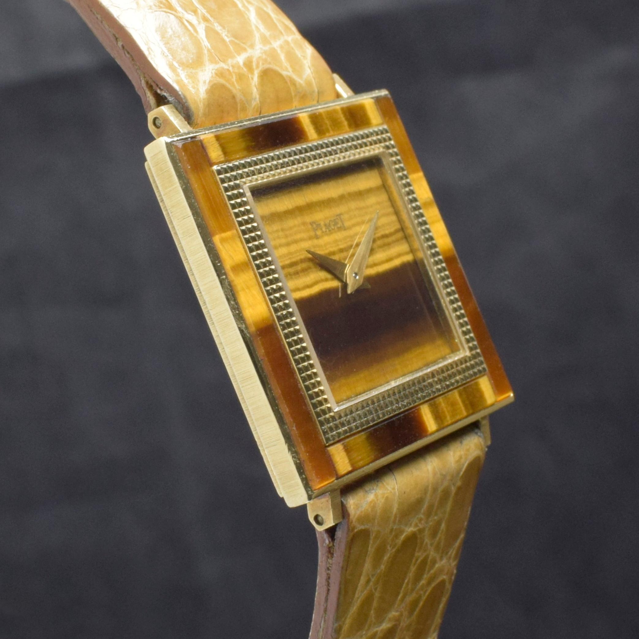 Women's or Men's Piaget Altiplano 18K YG Tiger Eye Dial 9200 w/750 Butterfly Buckle, 1970s For Sale