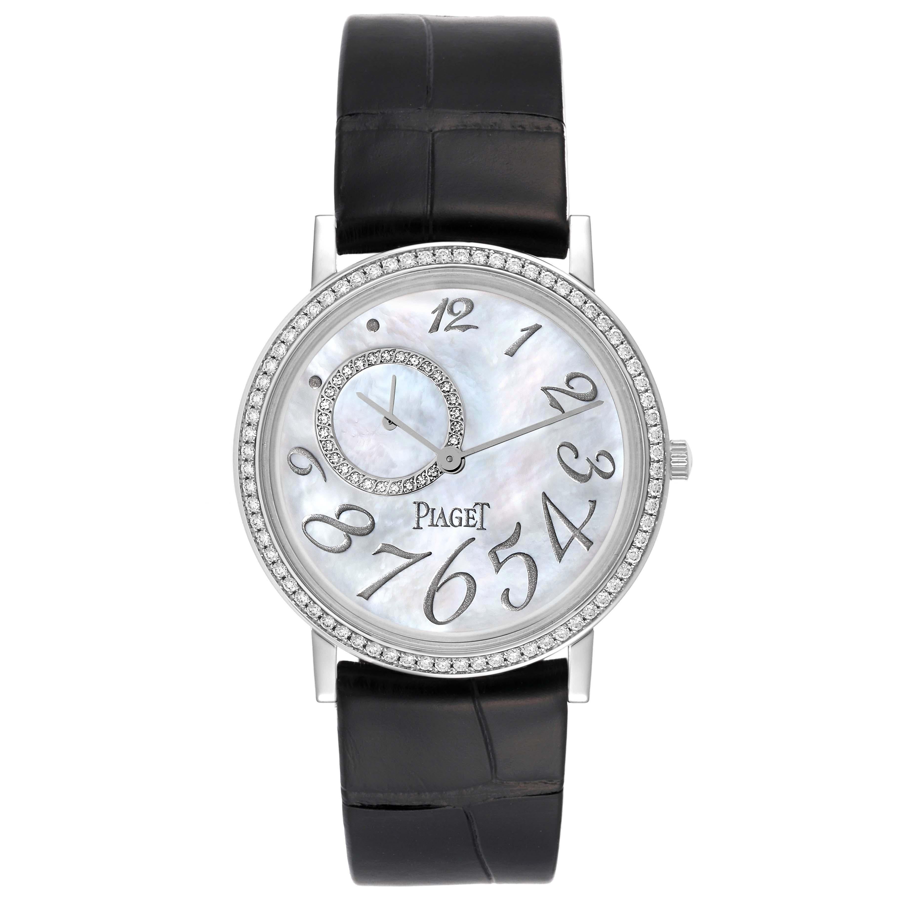 Piaget Altiplano Mother Of Pearl White Gold Diamond Mens Watch GOA31106. Manual winding movement. 18K white gold case 34.0 mm in diameter. Snap-on caseback. 18k white gold bezel set with original Piaget factory diamonds. Scratch resistant sapphire