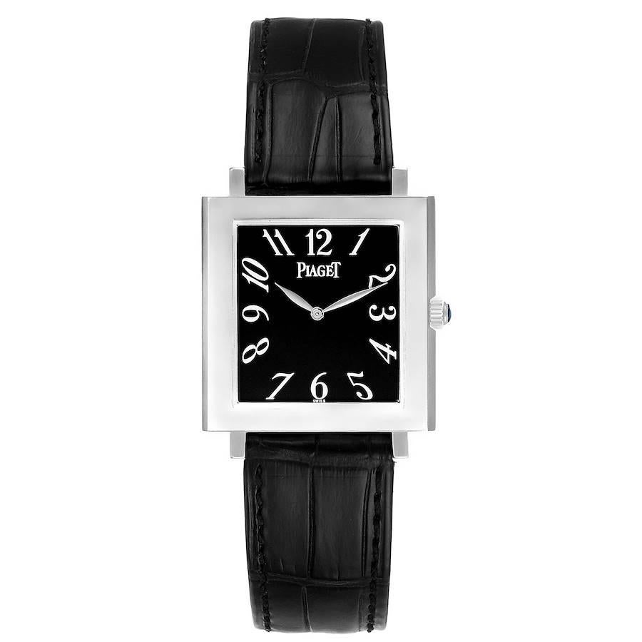 Piaget Altiplano Ultra Thin 18K White Gold Black Dial Mens Watch 9930. Manual-wind movment. Rhodium-plated, 18 jewels, straight line lever escapement, monometallic balance, shock-absorber, self-compensating flat balance-spring. 18K white gold square