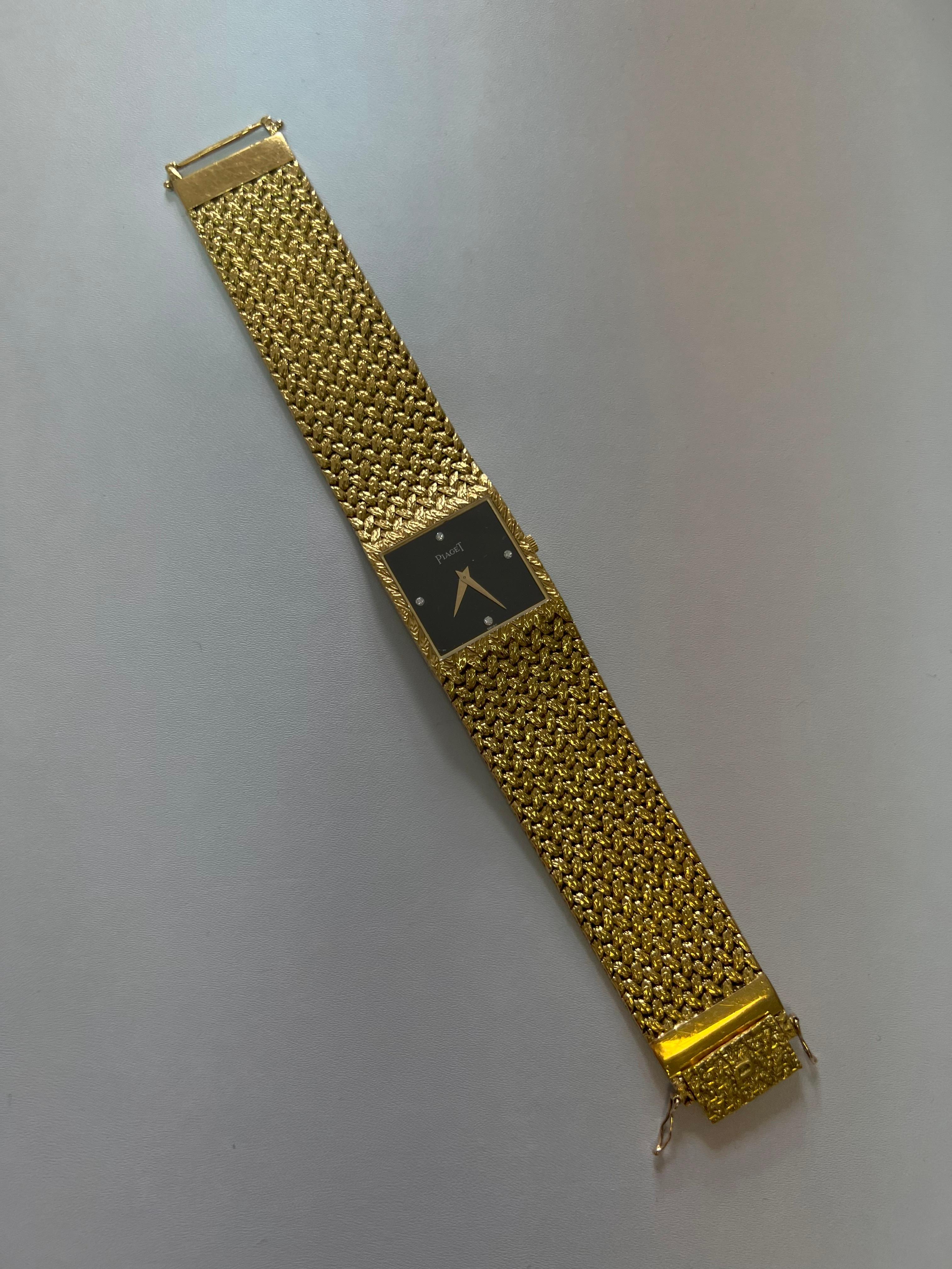 Women's or Men's Piaget Black Diamond Dial 18 Karat Yellow Gold Mesh Design Vintage Estate Watch For Sale