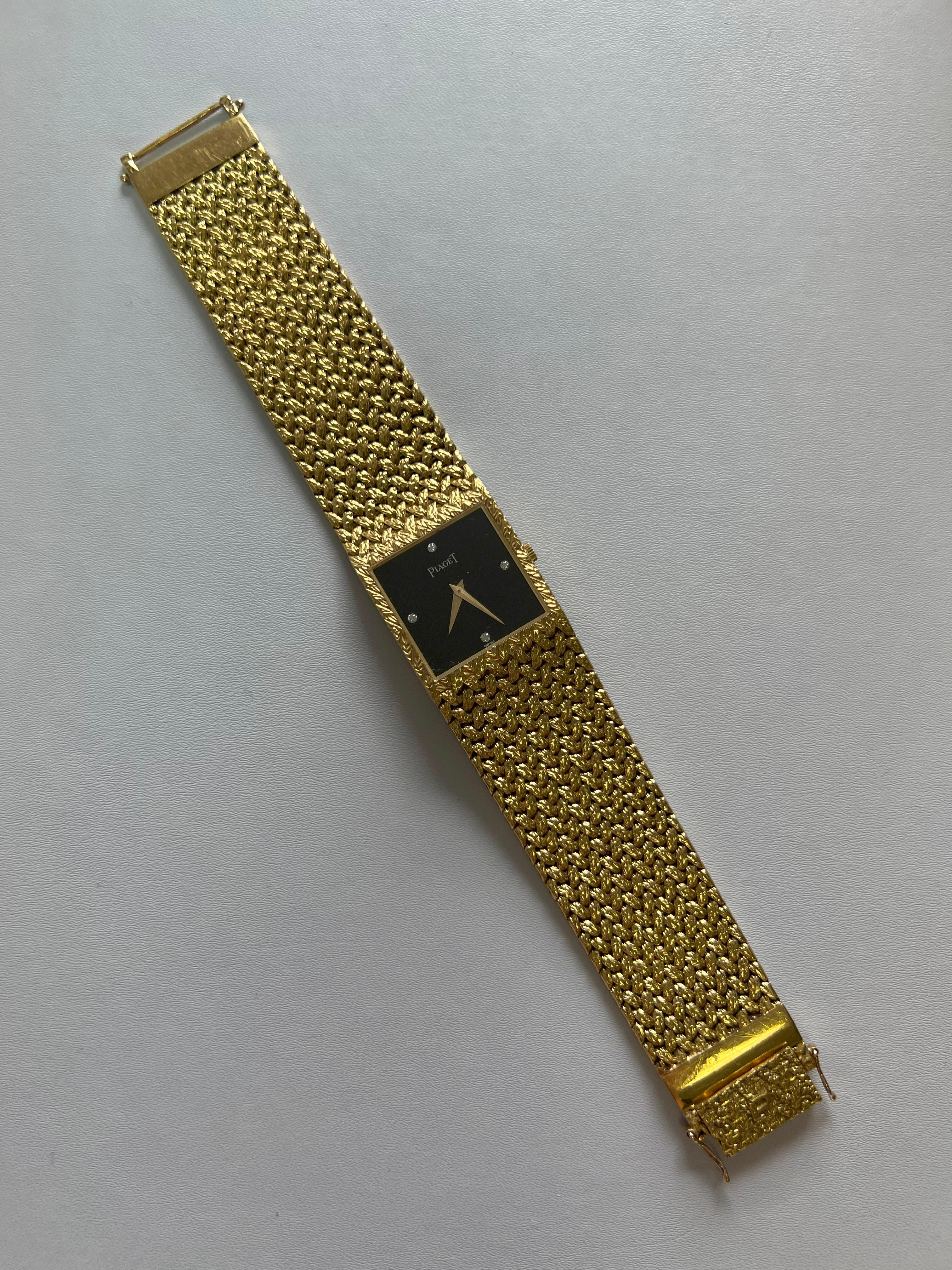 Piaget Black Diamond Dial 18 Karat Yellow Gold Mesh Design Vintage Estate Watch For Sale 1