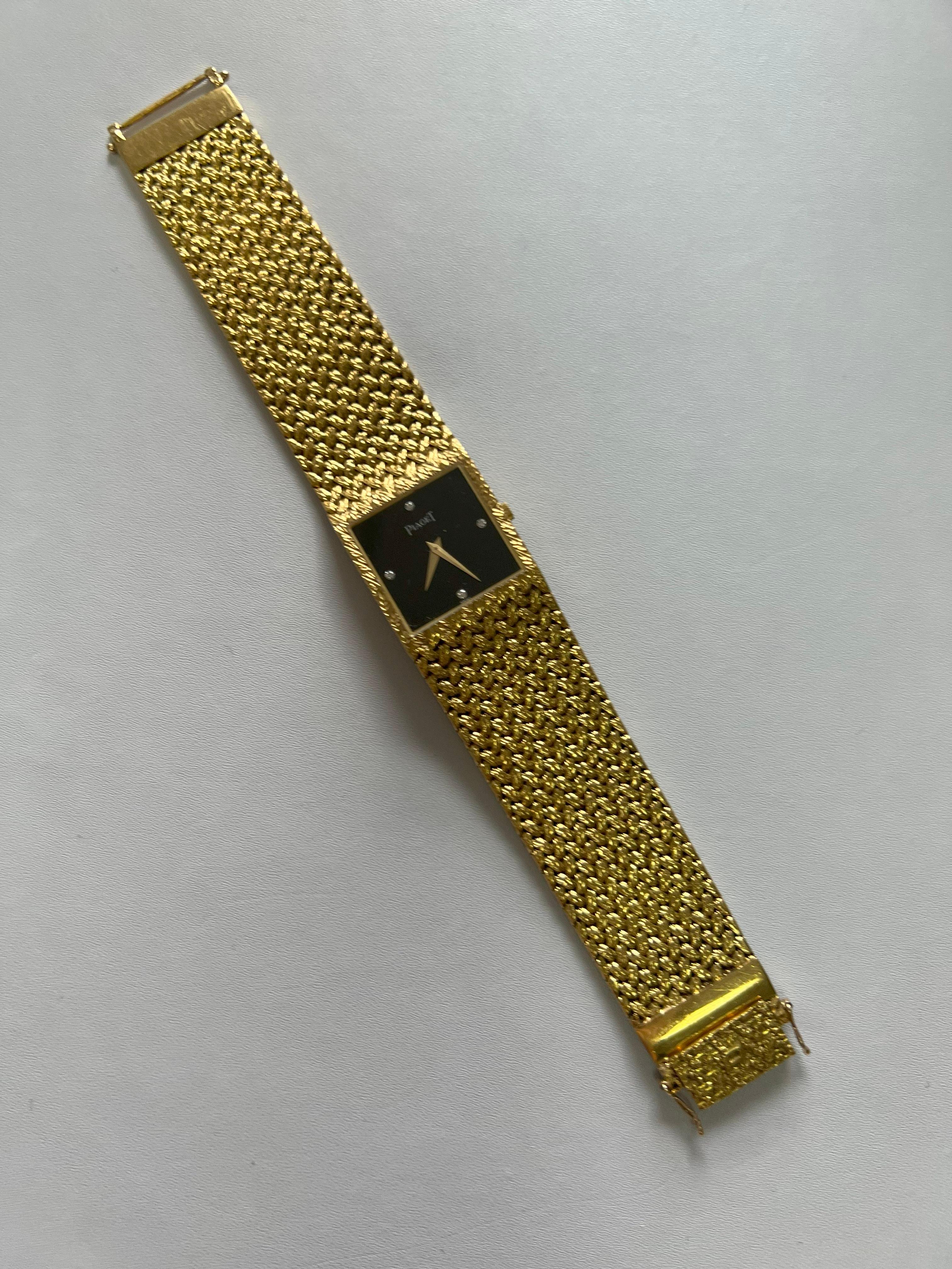 Piaget Black Diamond Dial 18 Karat Yellow Gold Mesh Design Vintage Estate Watch For Sale 2
