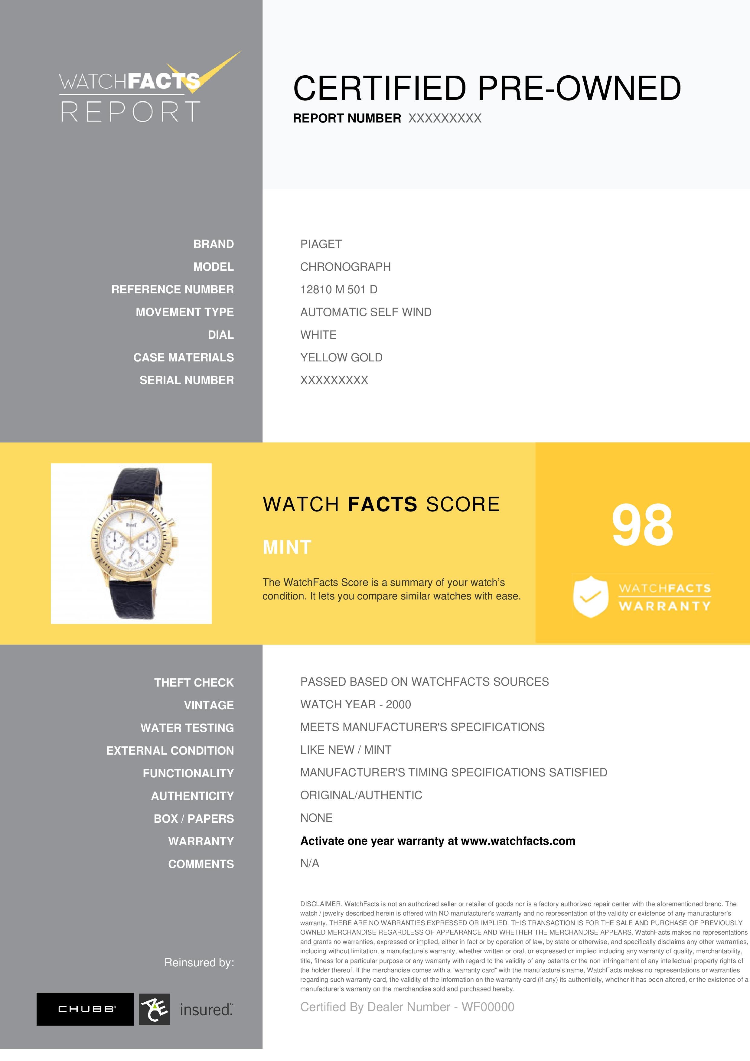 Piaget Chronograph Reference #: 12810 M 501 D. Mens Automatic Self Wind Watch Yellow Gold White 35 MM. Verified and Certified by WatchFacts. 1 year warranty offered by WatchFacts.

