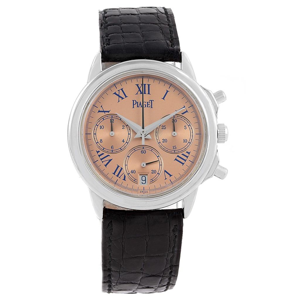 Piaget Chronograph Gouverneur Platinum Salmon Dial Men's Watch 12978 In Excellent Condition For Sale In Atlanta, GA