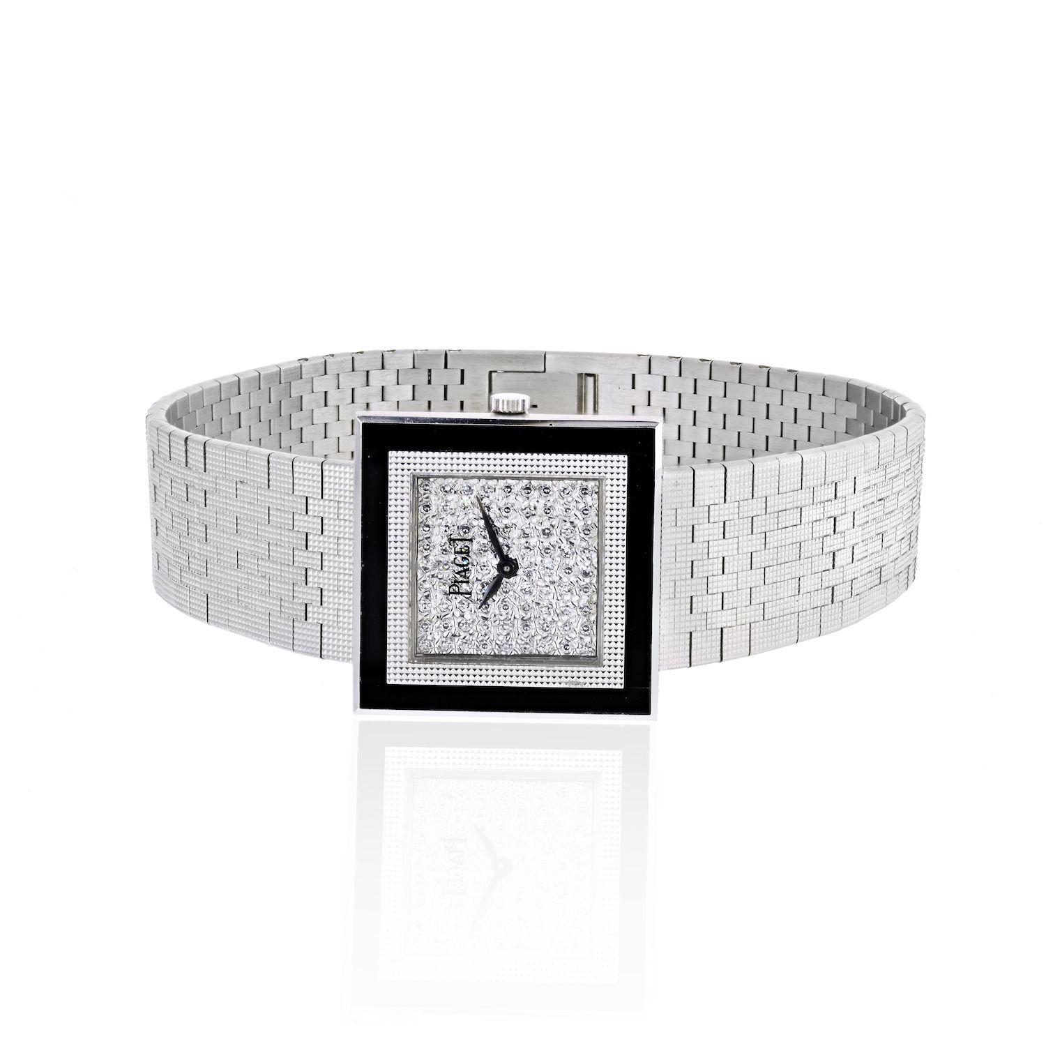 Piaget Armbanduhr mit quadratischem Gehäuse und Diamant-Zifferblatt aus 18k Weißgold (Einfacher Schliff)