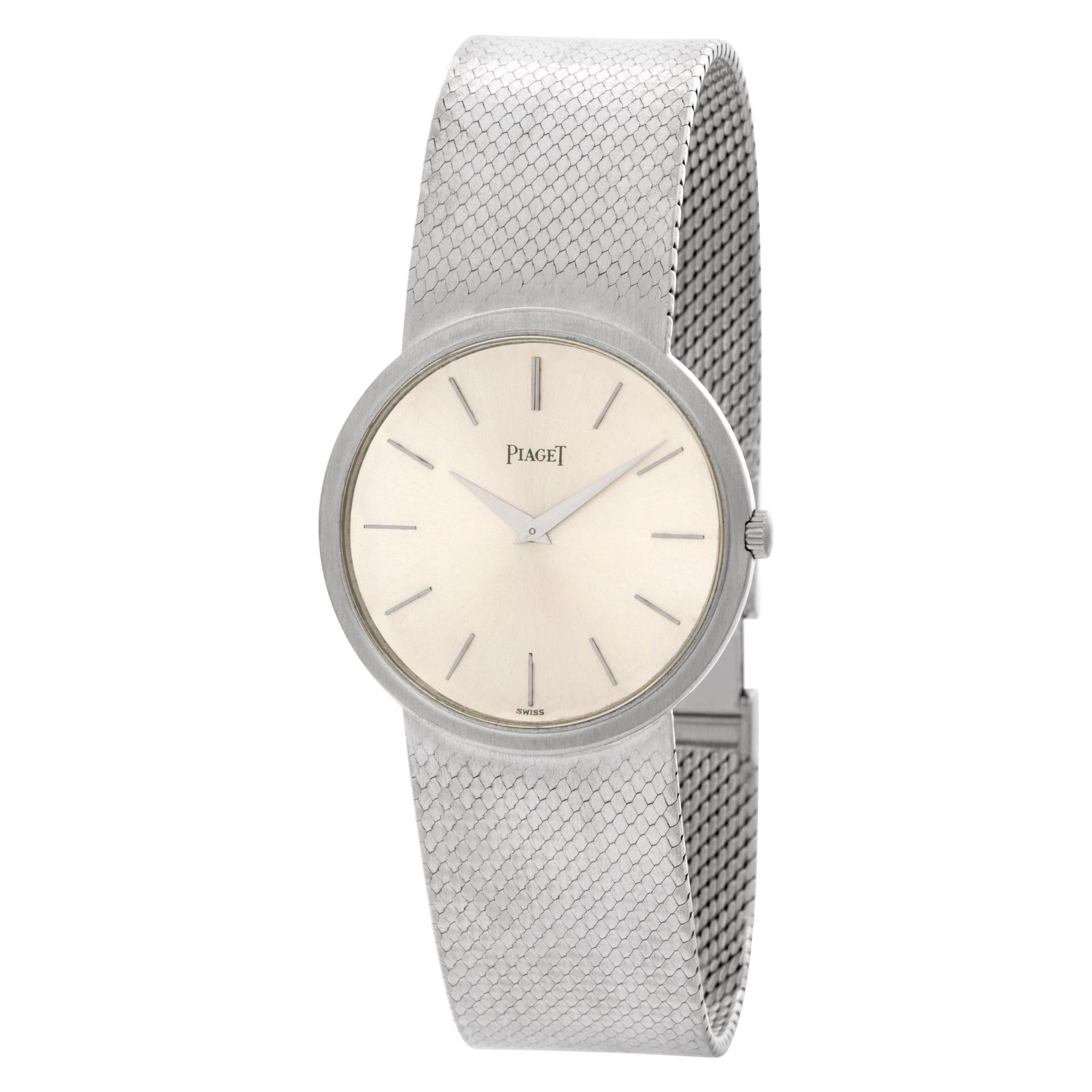 Piaget Classic in 18k white gold with Angelo D'Agusto factory original bracelet from Caracas, Venezuela. 18 jewels, Swiss ultra thin manual wind movement. With papers. Fits 7.5 inches wrist.32 mm case size. Ref 9633. Fine Pre-owned Piaget Watch. 