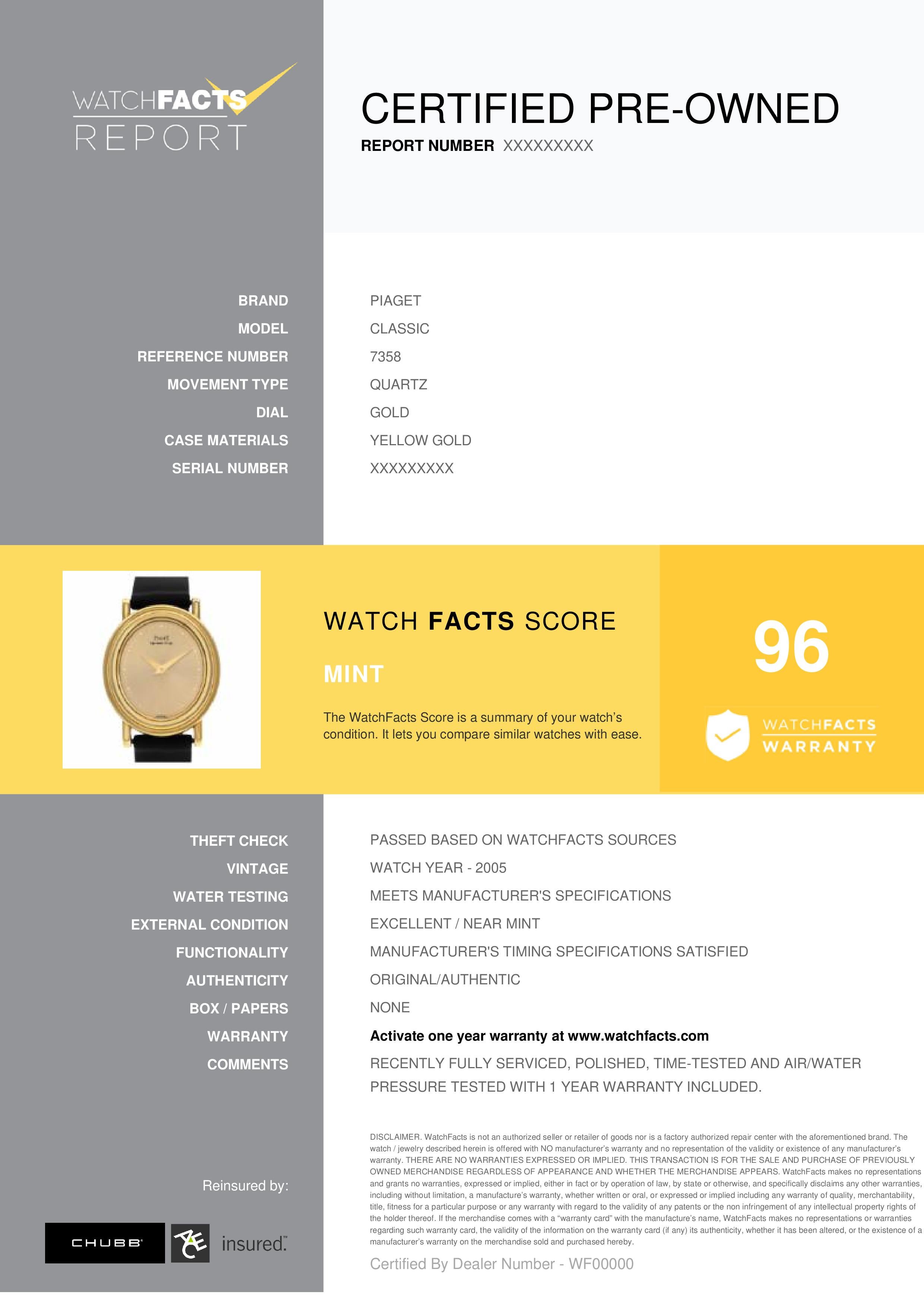 Piaget Classic Reference #: 7358. Womens Quartz Watch Yellow Gold Gold 27 MM. Verified and Certified by WatchFacts. 1 year warranty offered by WatchFacts.
