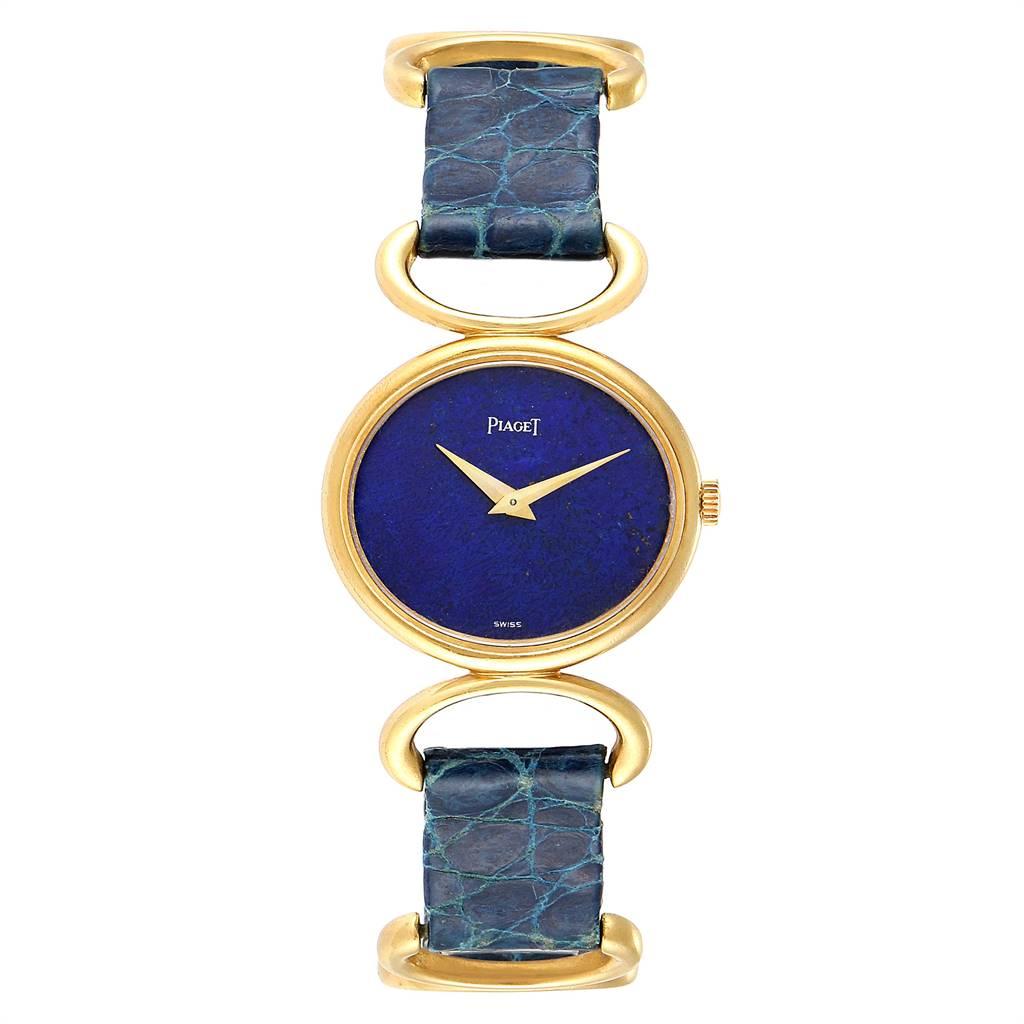 Piaget Classique Yellow Gold Lapis Dial Vintage Ladies Watch 9451. Manual winding movement. Rhodium-plated, straight-line lever escapement, monometallic balance adjusted to 5 positions and temperatures, shock-absorber, self-compensating flat balance