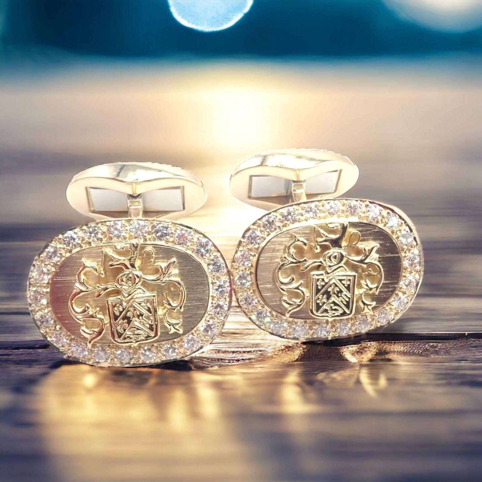18k Yellow Diamond Coat Of Arms Cufflinks by Piaget. 
The Rare! Authentic Piaget Coat of Arms 18k Yellow Gold Diamond Cufflinks are a magnificent display of luxury and heritage. 
Crafted from lustrous 18-karat yellow gold, these cufflinks feature