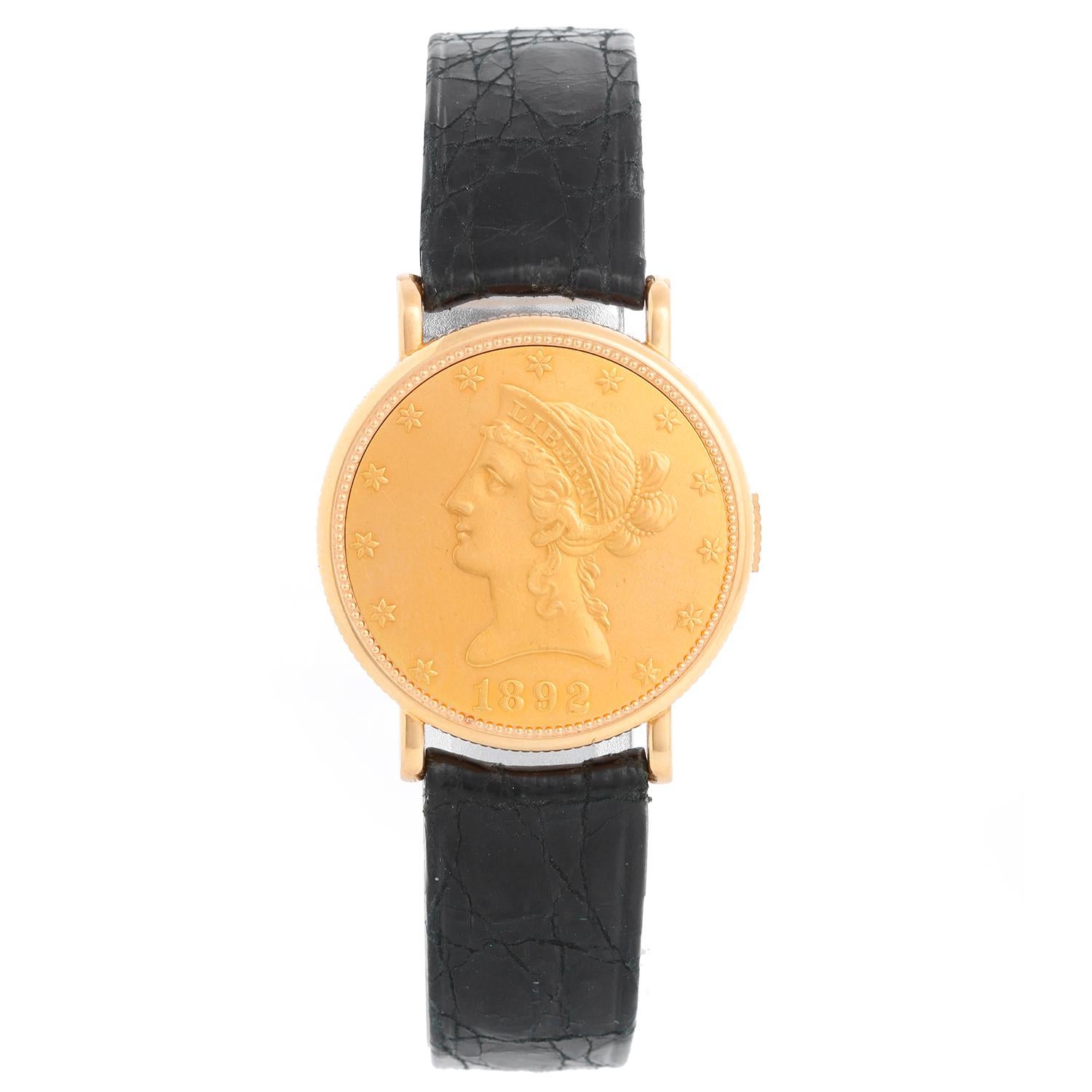 Piaget Coin Collection 18k Yellow Gold Watch - Manual movement. 18K Yellow gold ( 28 mm ) with smooth bezel. Rose dial with stick hour markers. Piaget strap with gold buckle.. Pre-owned with Piaget box. 