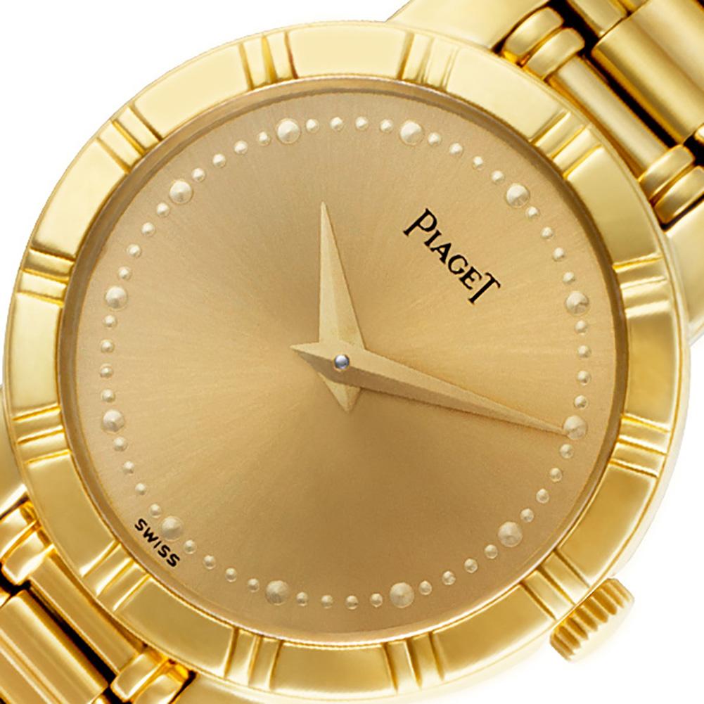Ladies Piaget Dancer in 18k yellow gold. Quartz. Fits 6.75 inches wrist. Ref 80563k81. 23mm case size. Fine Pre-owned Piaget Watch. Certified preowned Vintage Piaget Dancer 80563k81 watch is made out of yellow gold on a 18k bracelet with a 18k Clasp