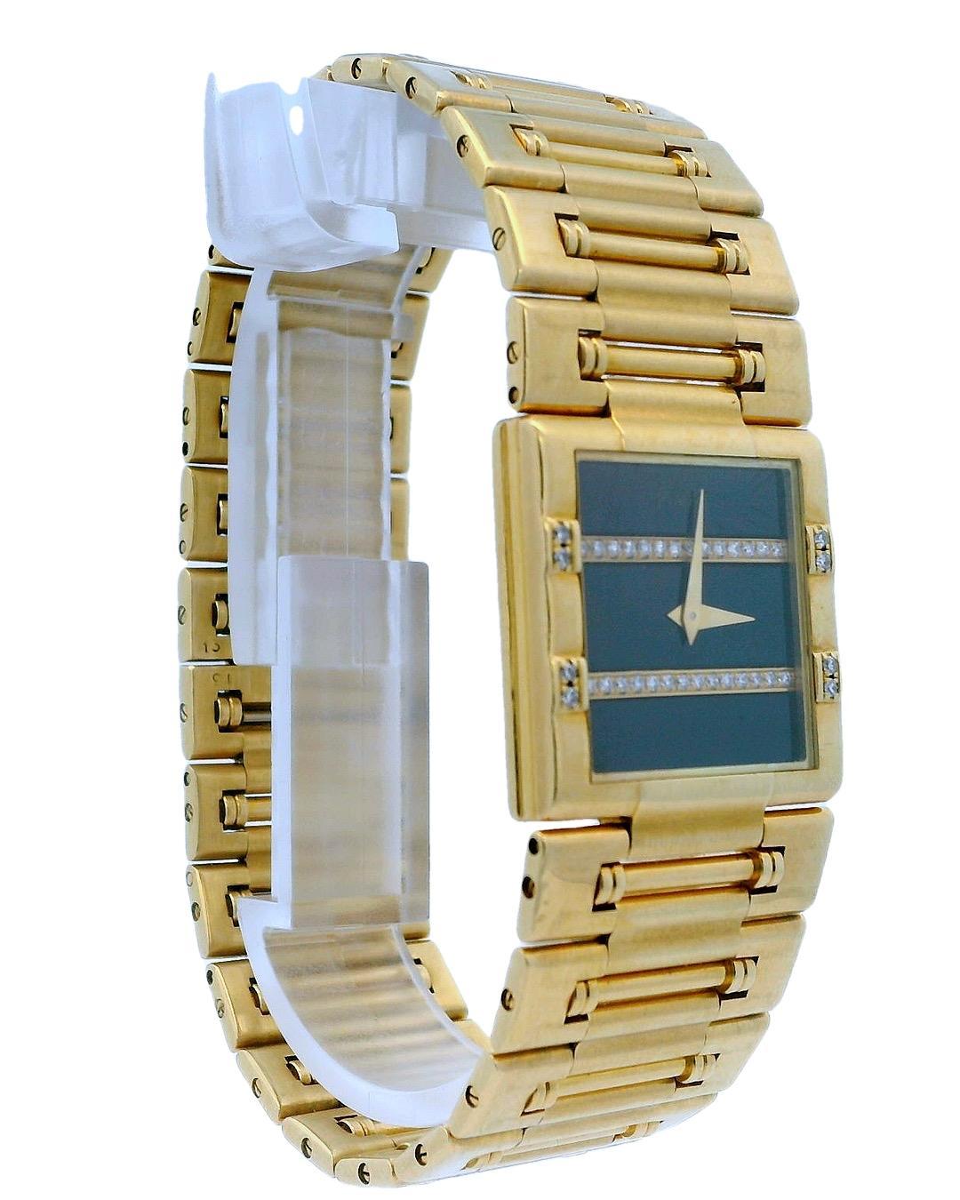 This elegant timepiece is crafted in 18K gold. It features a square watch face adorned with two horizontal rows of sparkling diamonds. The minimalist design is accentuated by sleek gold hands.

The watch is powered by a quartz movement.

The total