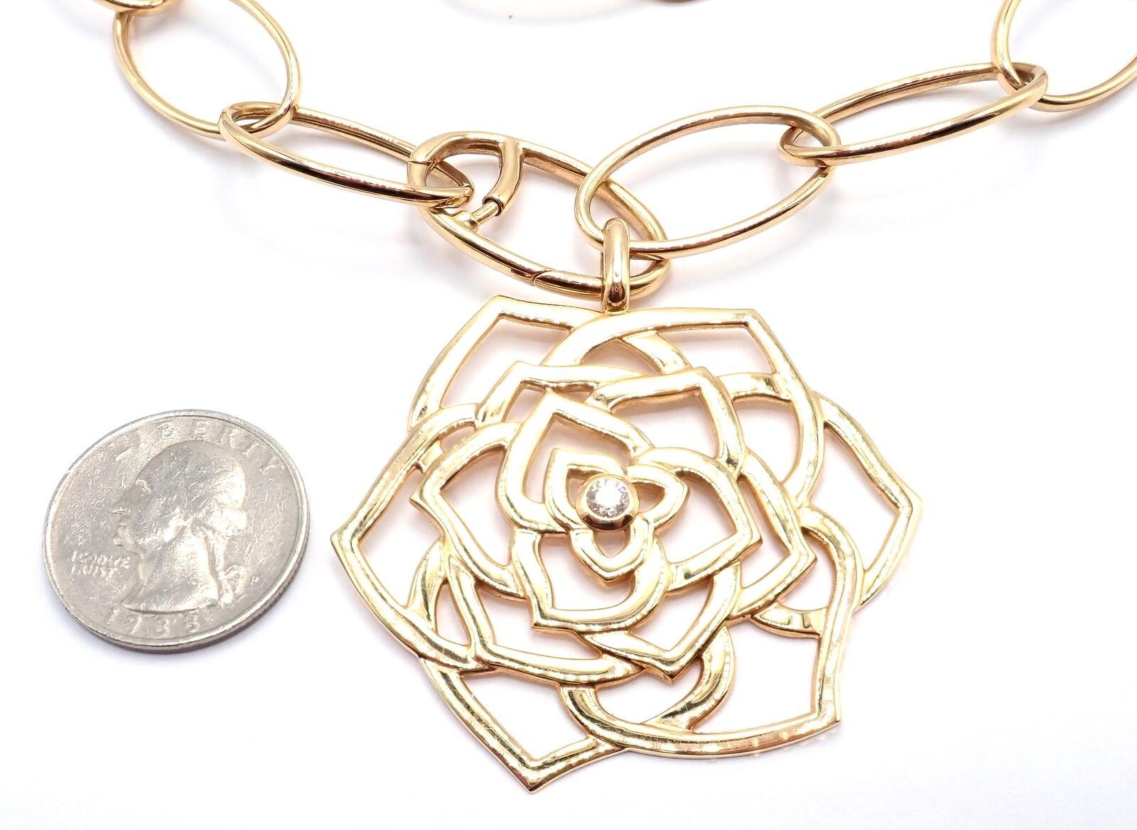 Women's or Men's Piaget Diamond Large Rose Flower Long Yellow Gold Link Chain Necklace