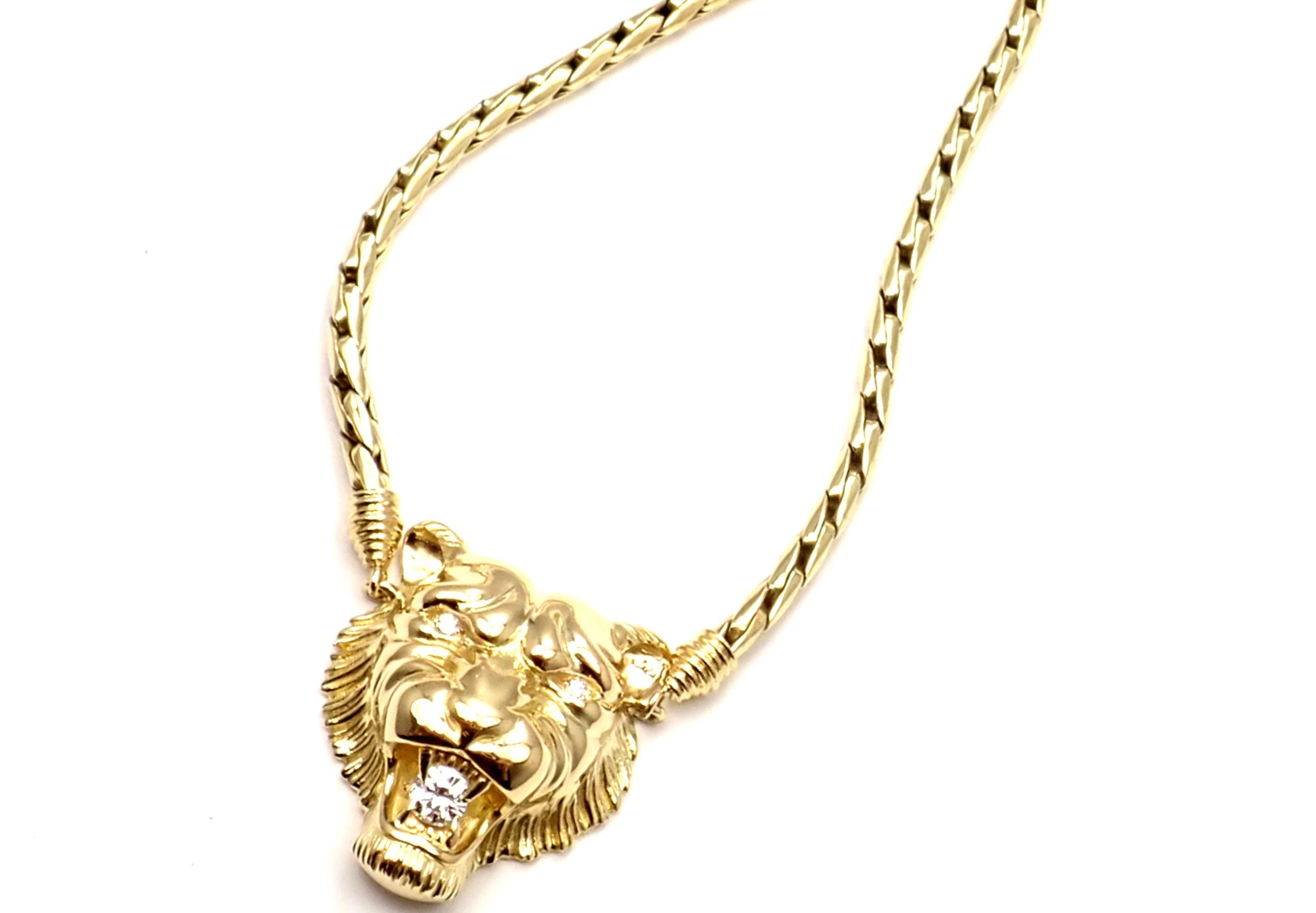 18k Yellow Gold Diamond Lion Pendant Necklace by Piaget. 
With 3 round brilliant cut diamonds VS1 clarity, G color total weight approximately .45ct
Details: 
Length: 17