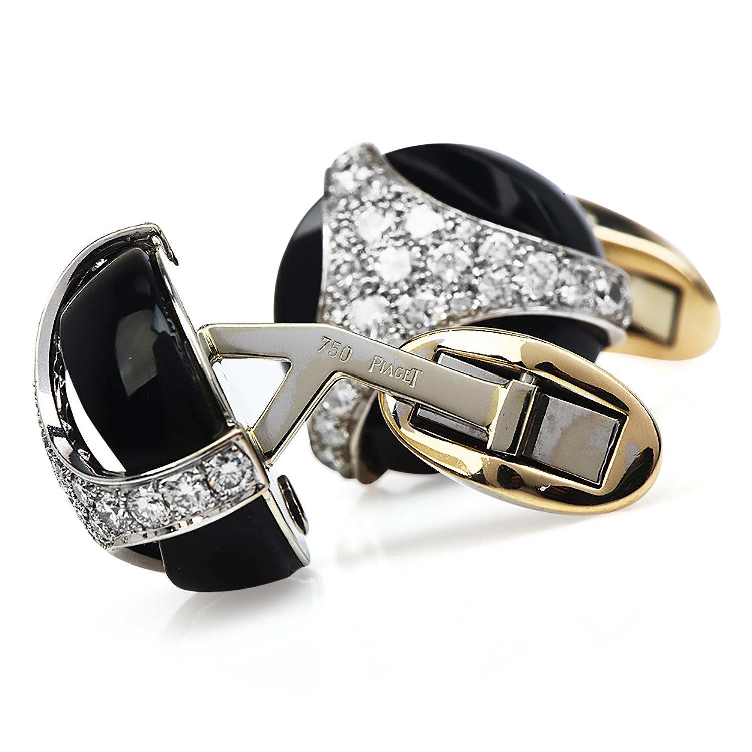 Modern Piaget Diamond Onyx 18K Gold Retro Round Large Cufflinks For Sale