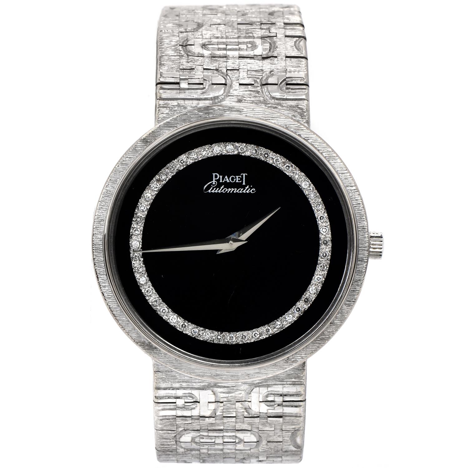 An exquisite black onyx & Diamond Dial, this Ladies Circa 1990 Piaget watch is a rare find. 

The watch case is rounded measuring 34 mm, enhanced by a black onyx dial, with a diamond halo.

The bracelet is fashioned in textured oval accented, wide,