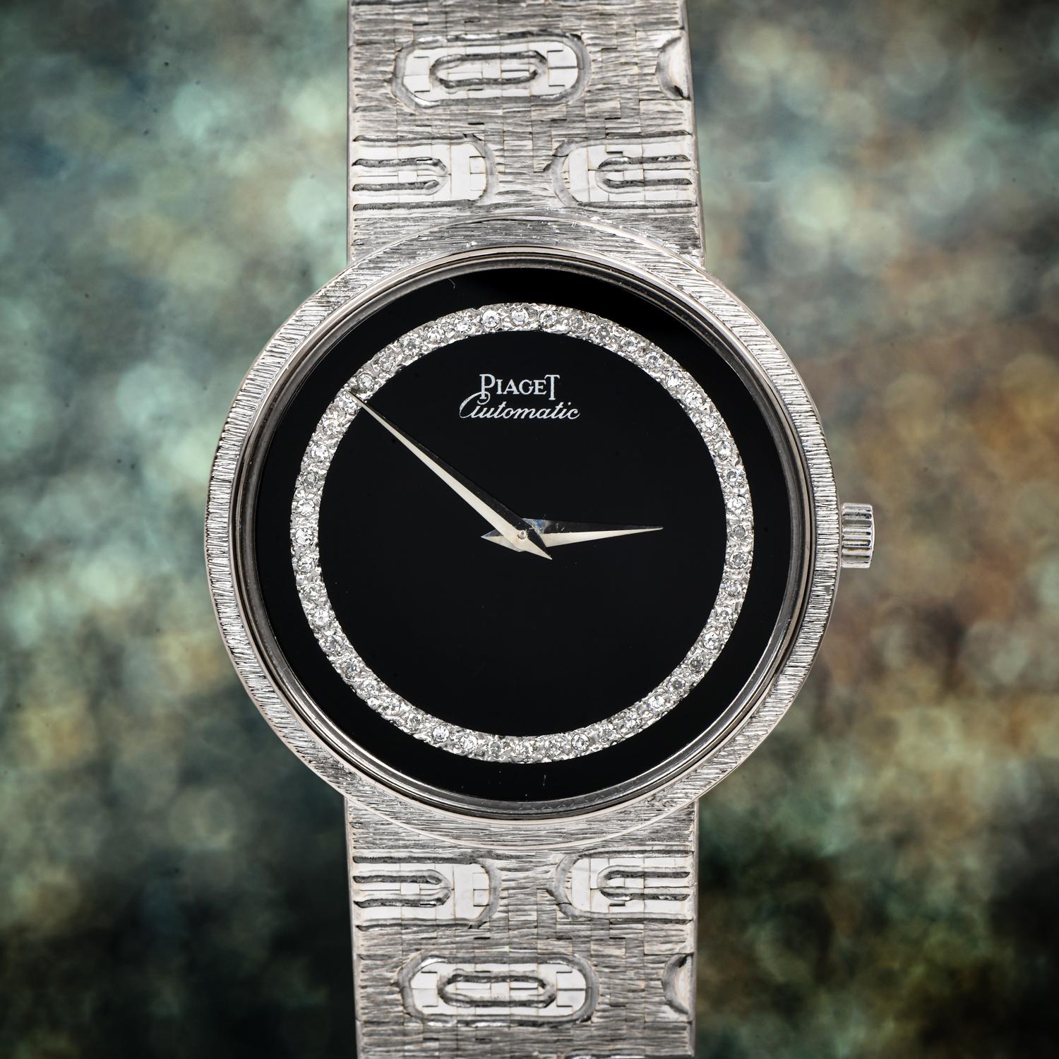 Piaget Diamond Onyx 18k White Gold Ref 12343 Automatic Watch In Excellent Condition In Miami, FL