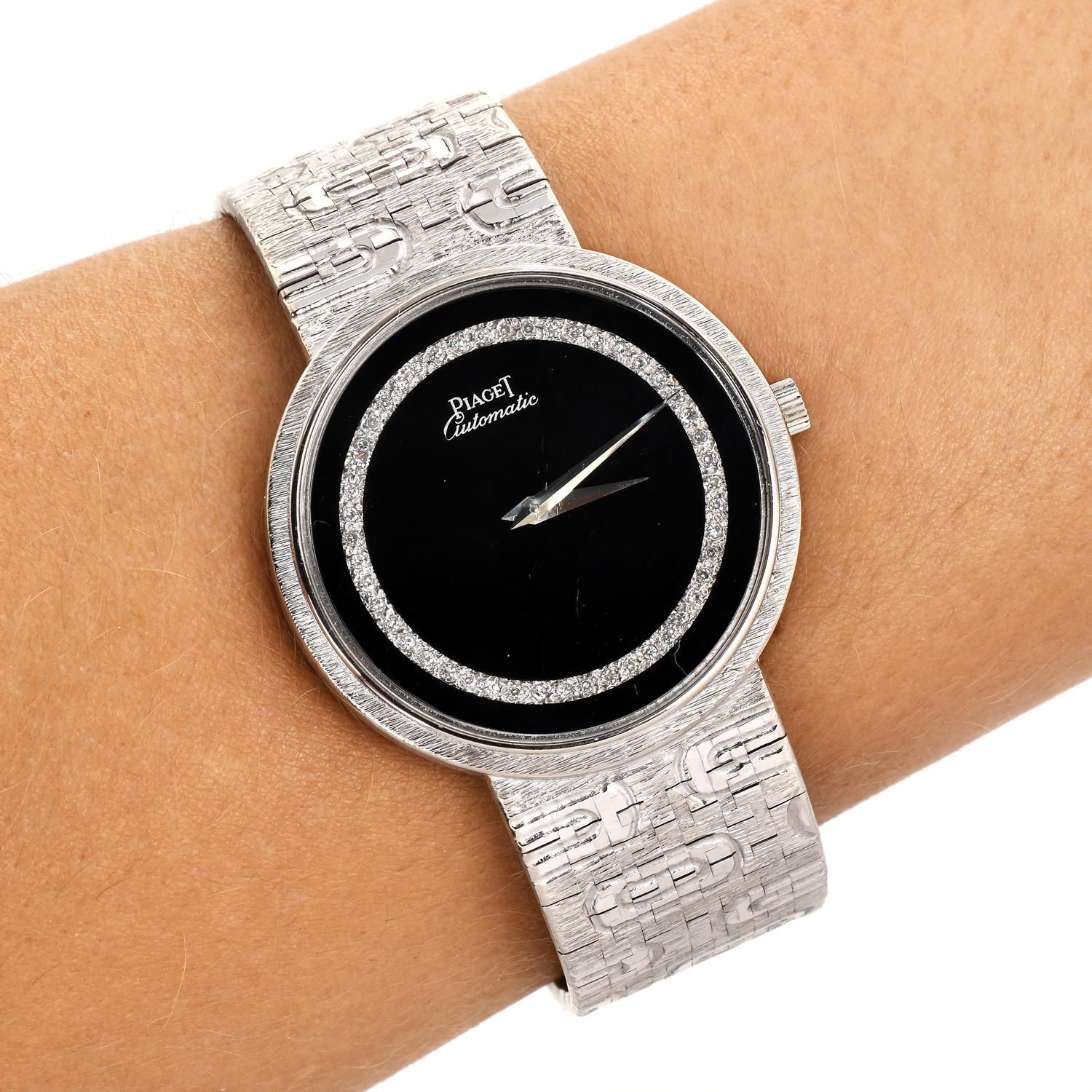 Women's or Men's Piaget Diamond Onyx 18k White Gold Ref 12343 Automatic Watch
