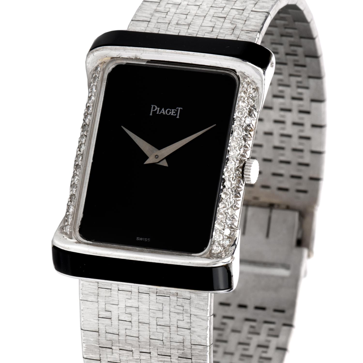 Place this elegant Early 1980's Piaget Diamond Onyx 18K White Gold Women’s Watch on your wrist daily!  This fashionable and chicwatch has a rectangle onyx dial, with either side embedded with delicate pave set, round cut, genuine diamonds