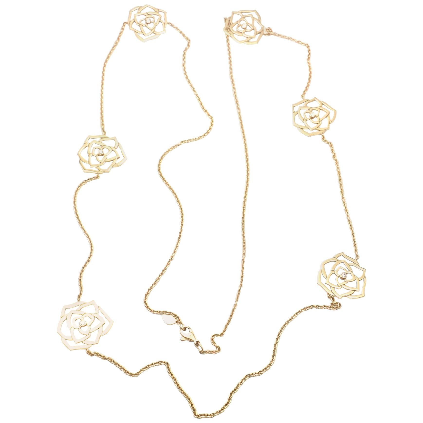 Piaget Diamond Rose Flower Long Yellow Gold Chain Necklace