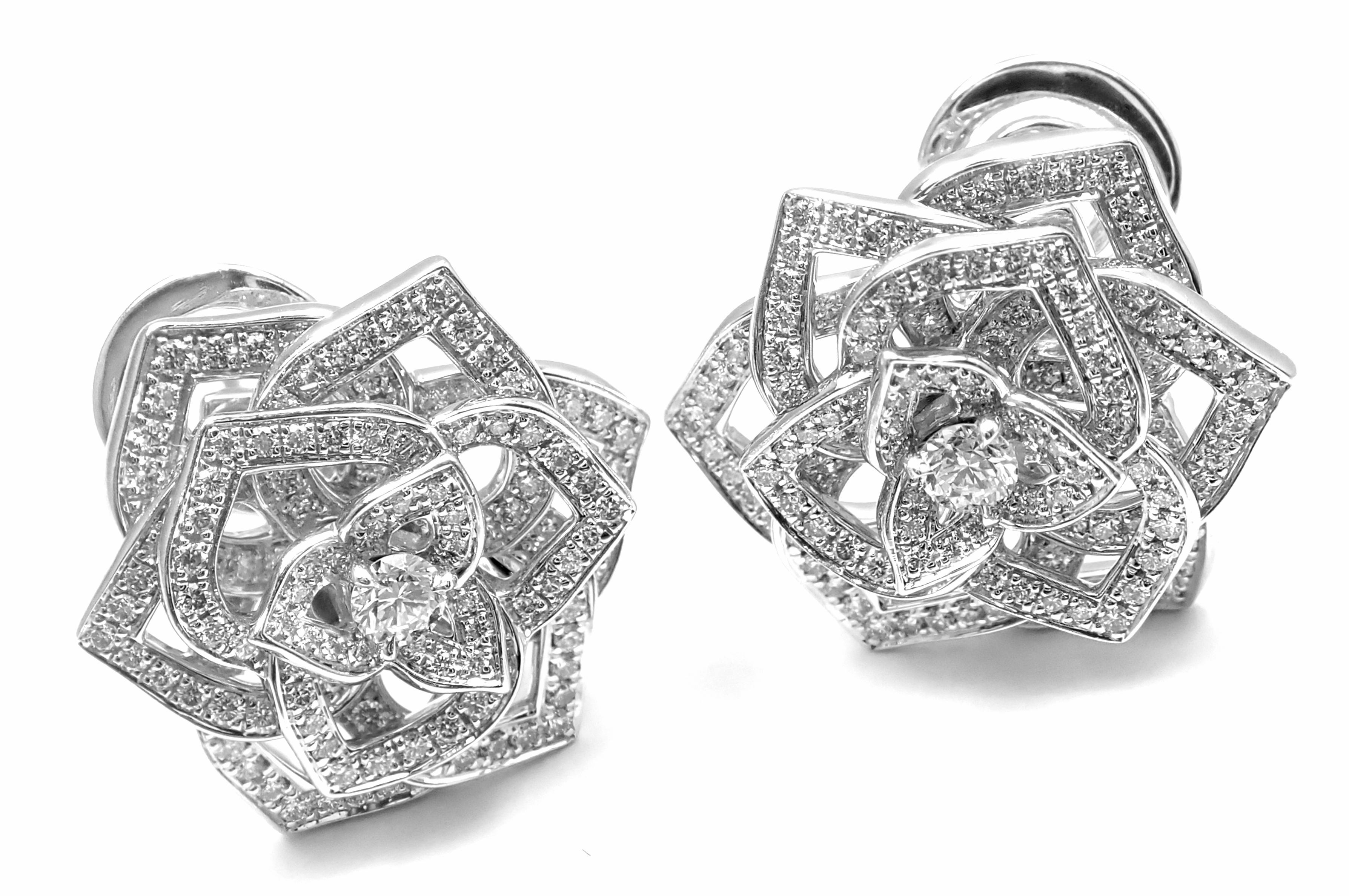 18k White Gold Diamond Rose Flower Earrings by Piaget. 
With 304 brilliant cut diamonds VVS1, G color, approx. 1.30ct
These earrings have collapsable posts, so that you can wear it on pierced ears or not pierced ears.
Details: 
Weight: 12.2