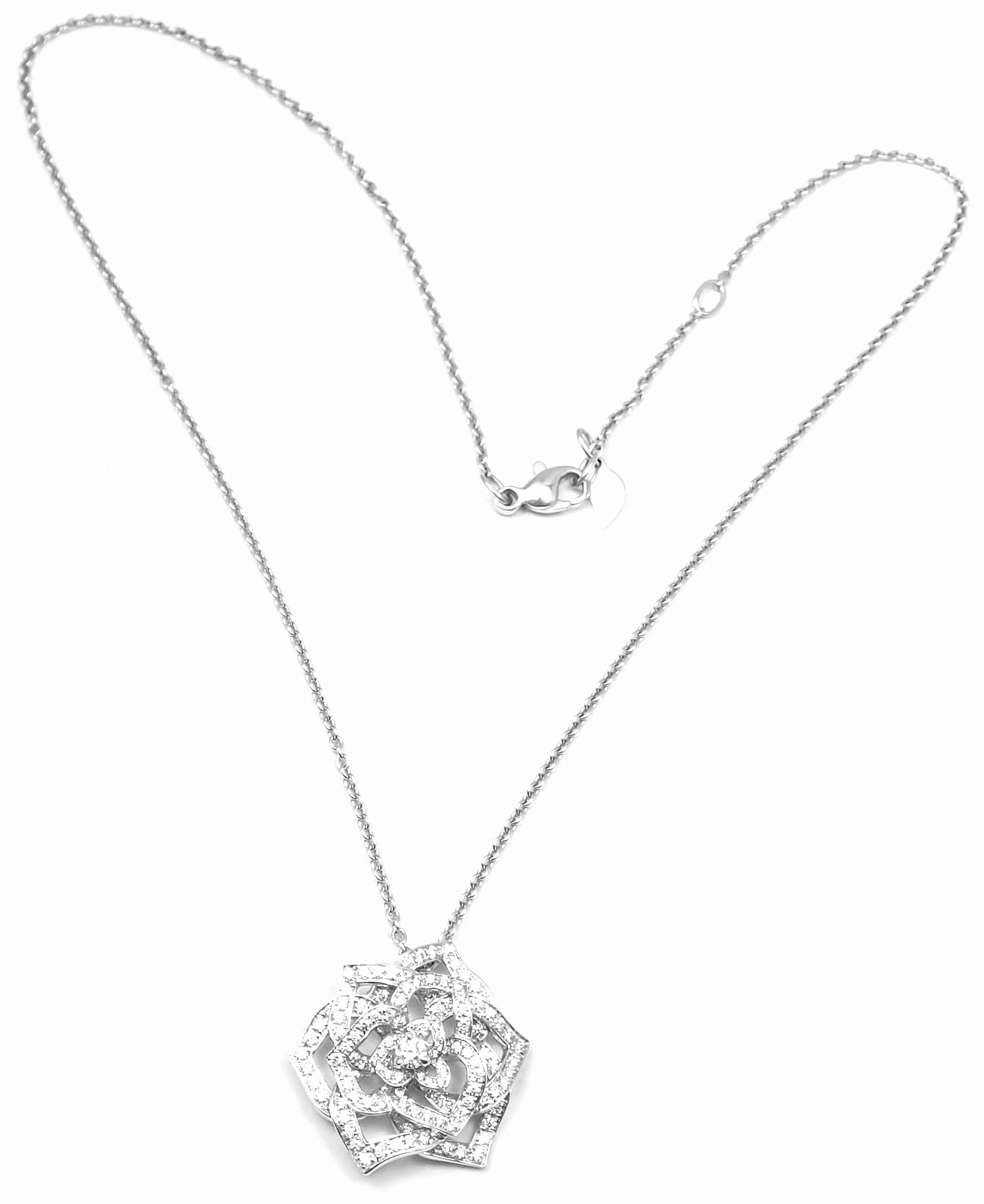 18k White Gold Diamond Rose Flower Pendant Necklace by Piaget. 
With Round brilliant cut diamonds VS1 clarity, G color total weight approximately 1.70ct
Details: 
Weight: 10.5 grams
Pendant: 25mm
Length: 16.5