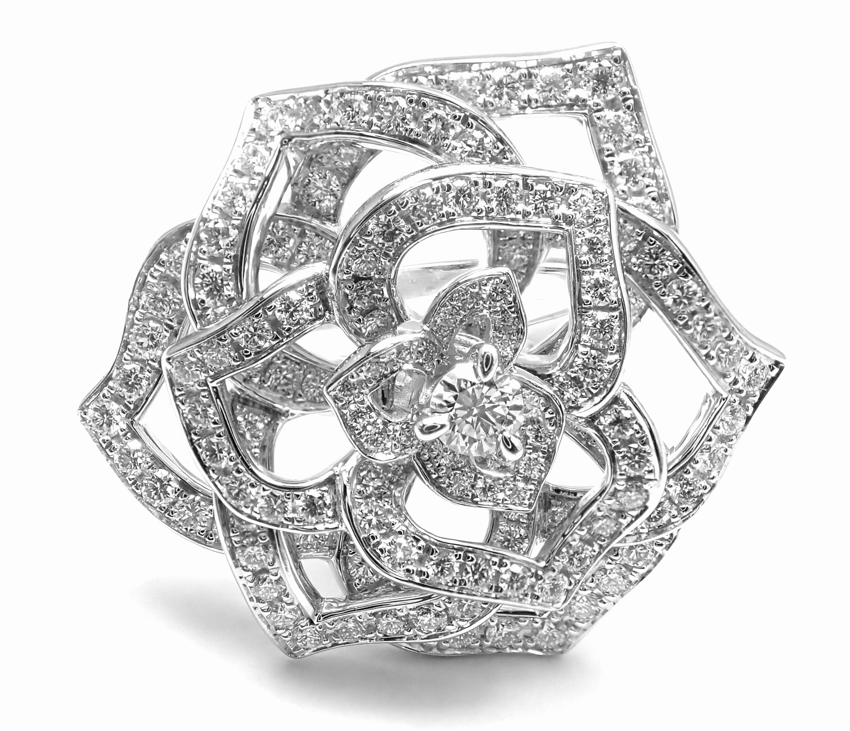 18k White Gold Diamond Rose Flower Ring by Piaget. 
With 153 round brilliant cut diamonds VS1 clarity, G color total weight approximately 1.12ct
Details: 
Ring Size: European 54, US 6.75
Weight: 9.8 grams
Width: 24mm
Stamped Hallmarks: Piaget 750