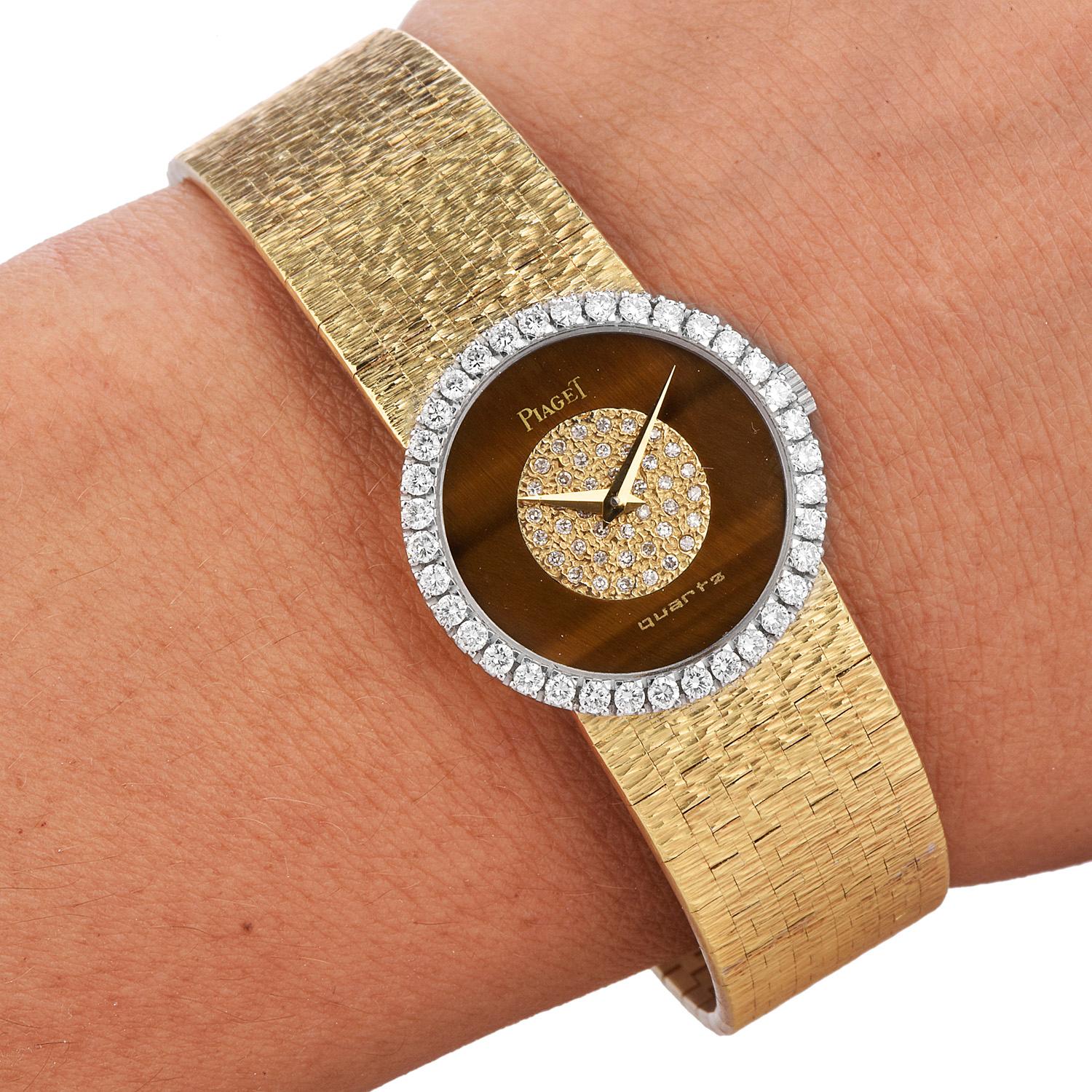 Round Cut PIAGET Diamond Tiger Eye Dial Diamond Bezel 18k Gold Watch