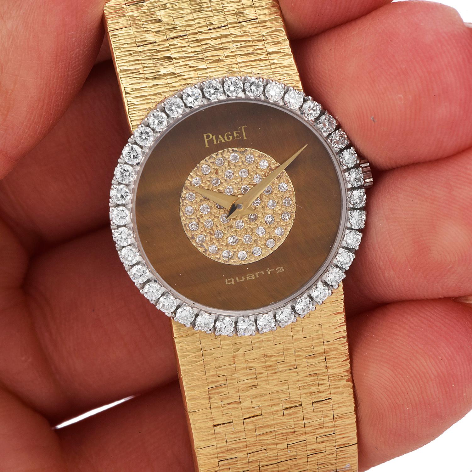 PIAGET Diamond Tiger Eye Dial Diamond Bezel 18k Gold Watch In Excellent Condition In Miami, FL