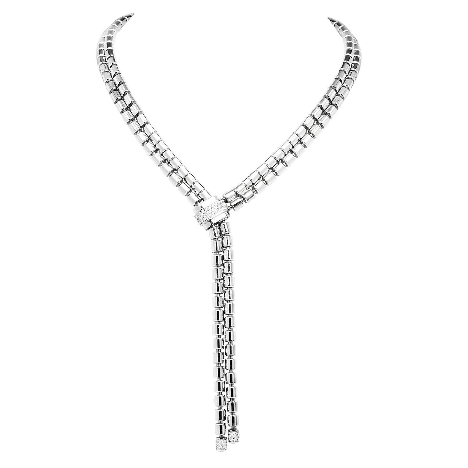 From the Piaget world with LOVE! T^his is a double bandeau necklace from their iconic 'Possession' Collection.
This piece features two flexible cylinder link chains connected by a diamond set in a fold-over locking clasp.
The Clasp & Lariat Style