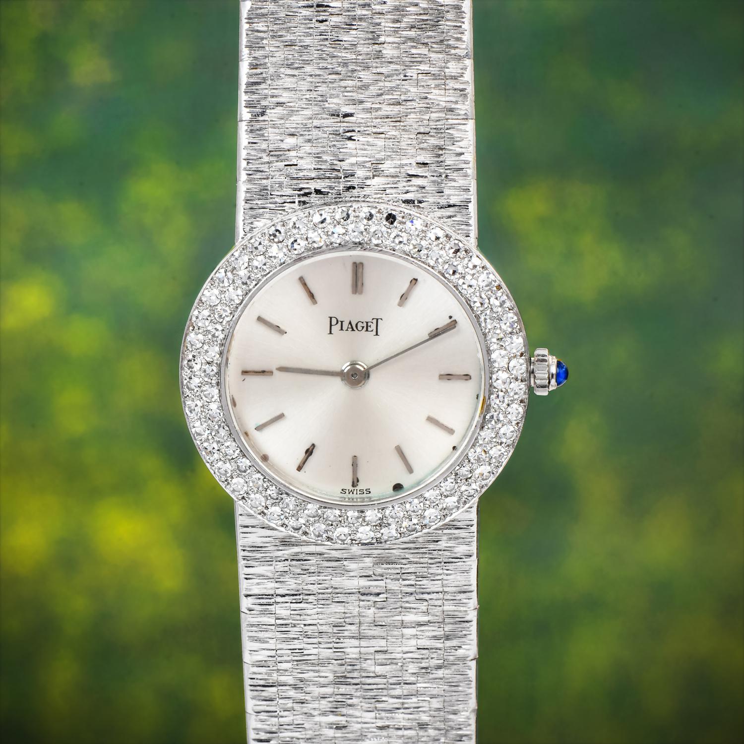 Piaget's timepieces are elegant and stylish made of high-quality materials. This Piaget watch is finely crafted in solid 18K white gold.  Original Piaget mechanical movement, silver dial with silver numerals, and white gold sword hands marking the