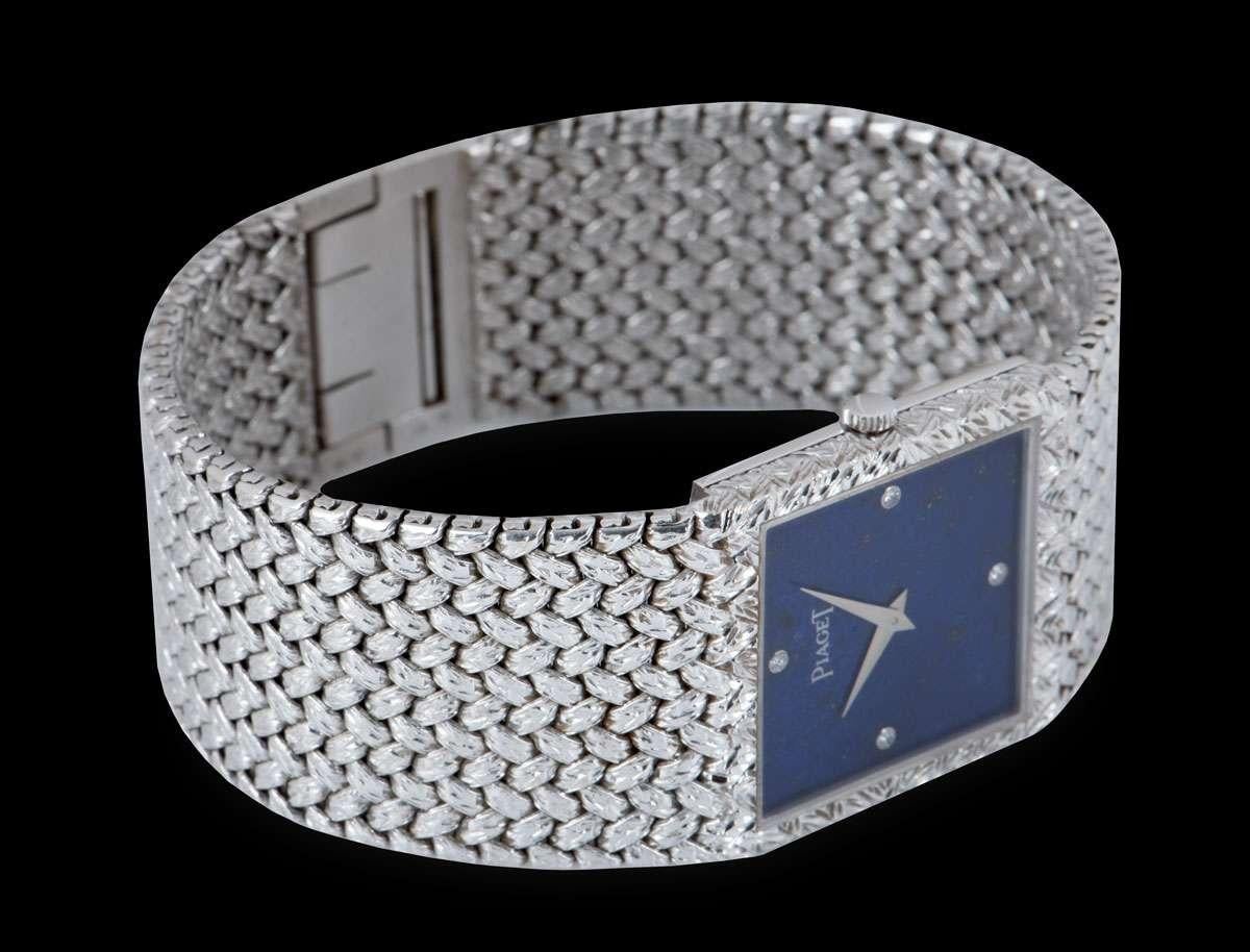 Square Cut Piaget Dress Watch Gents 18 Karat White Gold Lapis Lazuli Diamond Dial 934D2