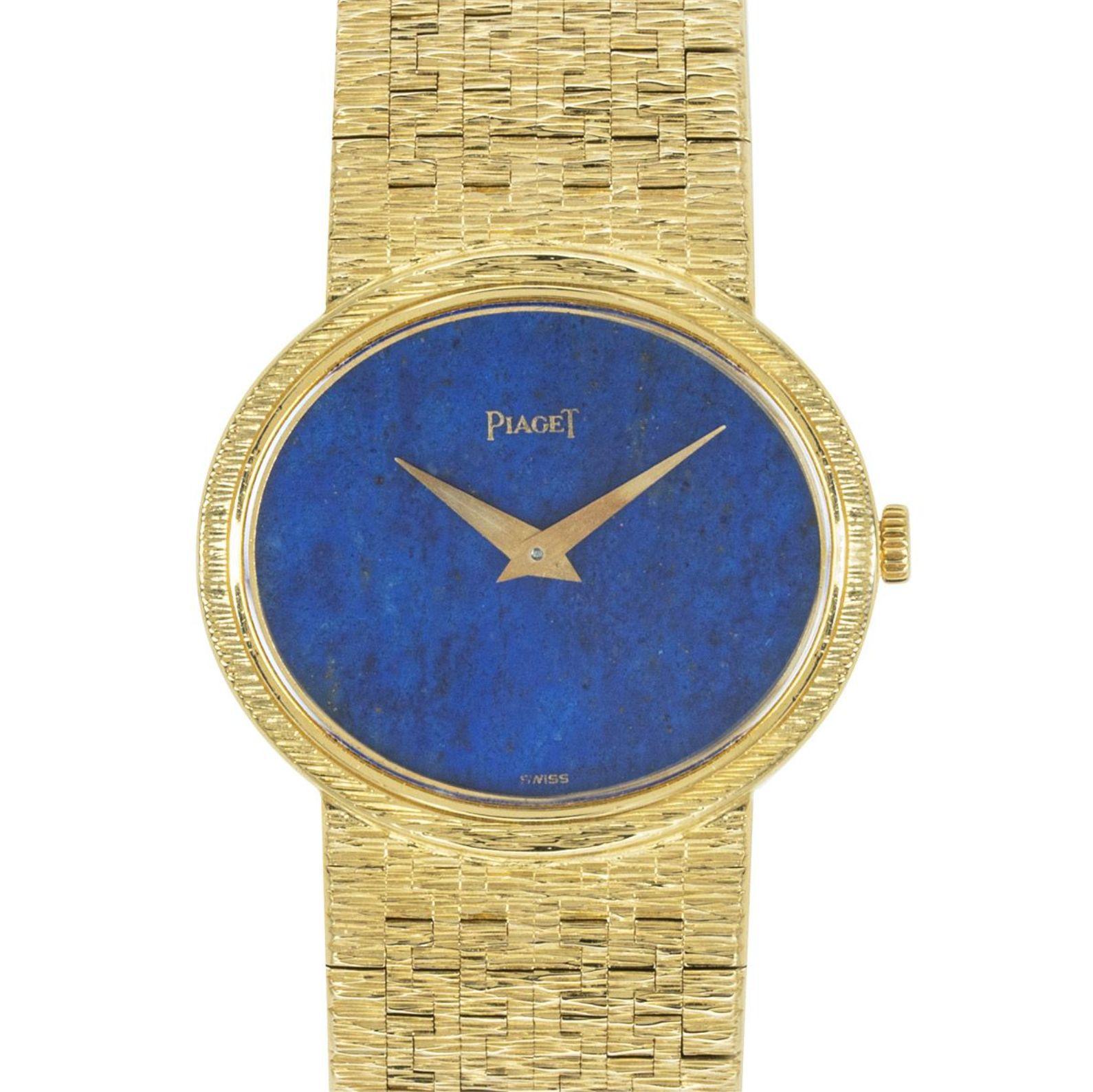 A 26 mm 18k Yellow Gold Ladies Dress Wristwatch, lapis lazuli dial, a fixed 18k yellow gold bezel, an 18k yellow gold jewellery style bracelet with an 18k yellow gold jewellery style clasp, sapphire glass, manual wind movement, in excellent