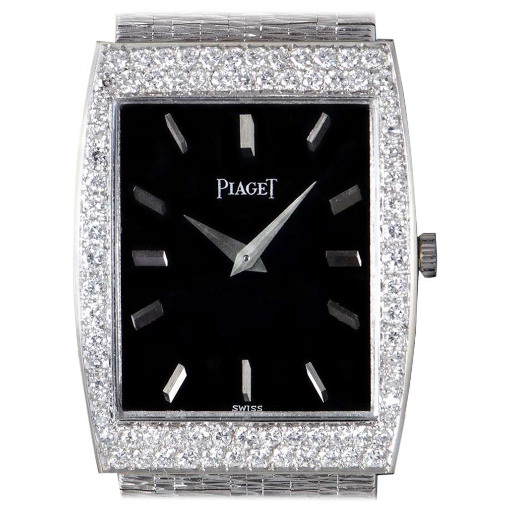 Piaget Dress Watch Vintage Women's 18k White Gold Black Dial Diamond Set