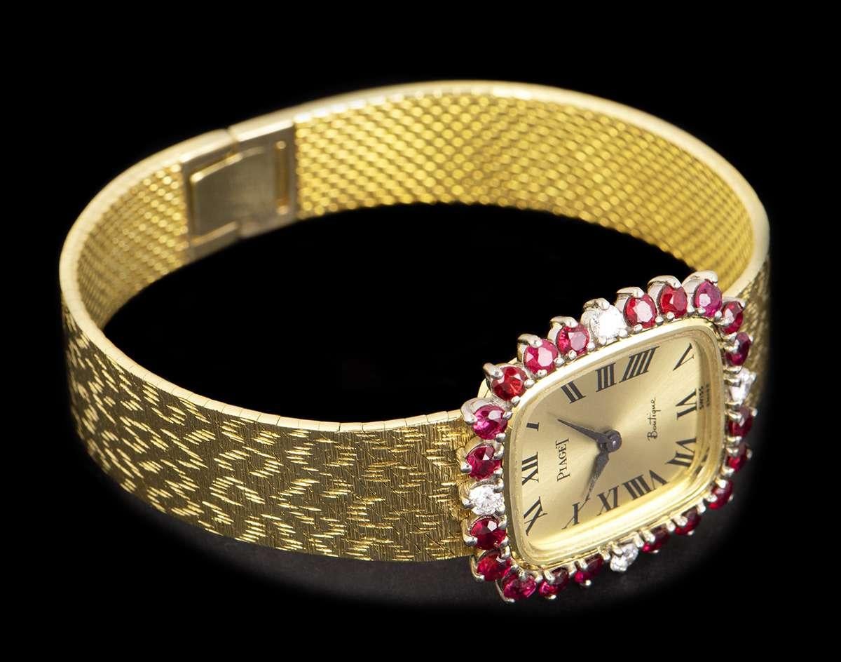 Round Cut Piaget Dress Watch Women's 18k Yellow Gold Champagne Dial Ruby & Diamond Set