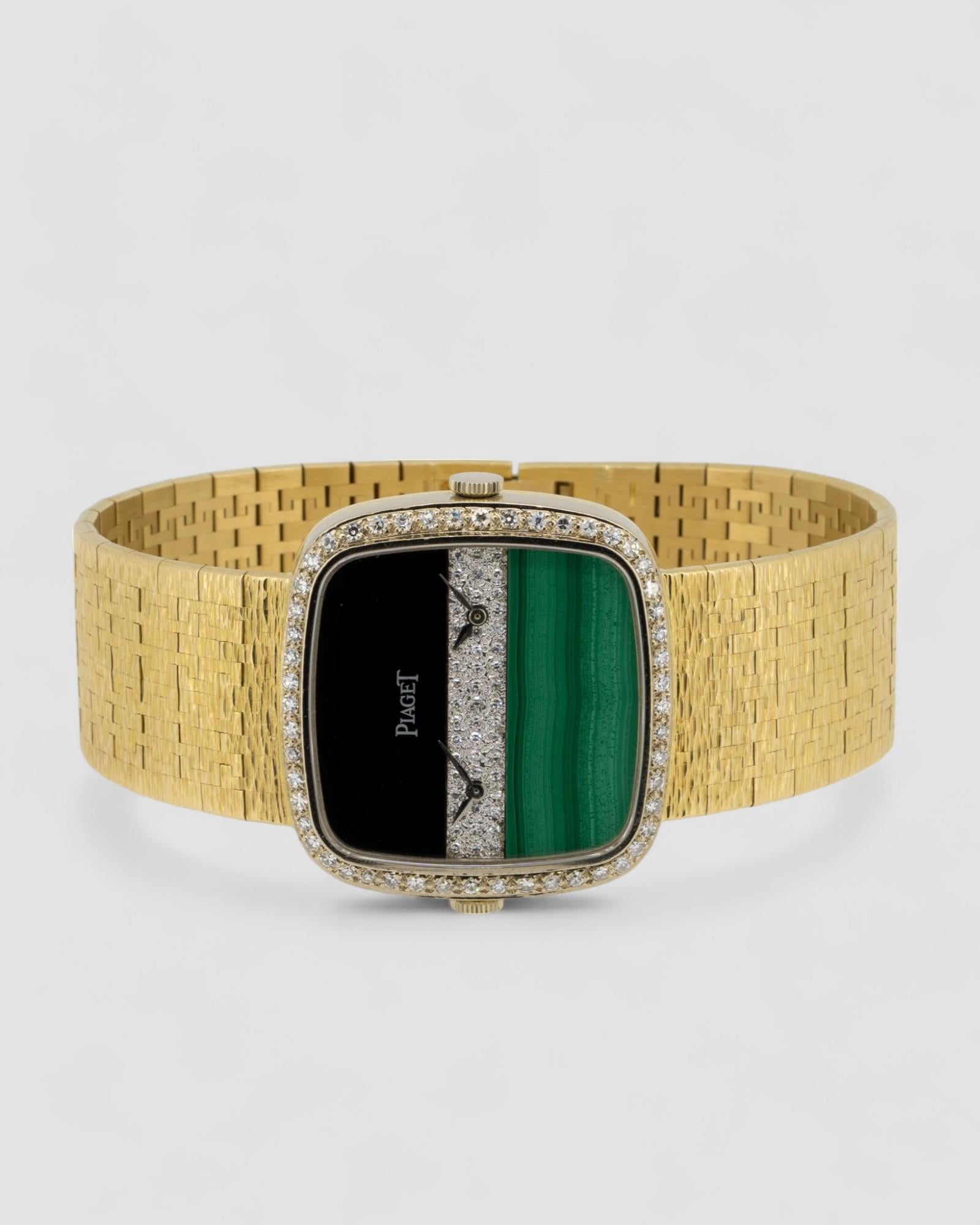 Piaget Dual Time 612775 Malachit Onyx Diamanten 18k YG 1980er im Zustand „Gut“ im Angebot in SYDNEY, AU