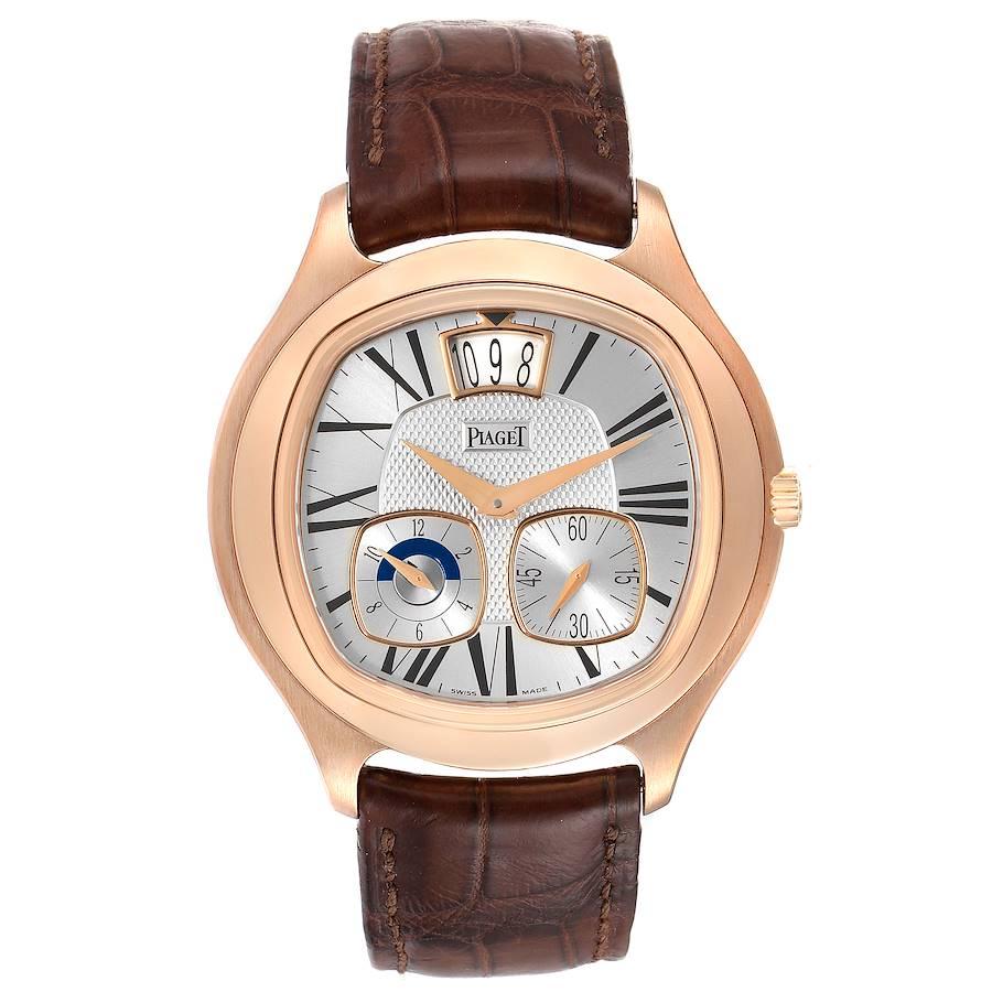 Piaget Emperador 18k Rose Gold Silver Dial Brown Strap Mens Watch P10350. Automatic self-winding movement. 18K rose gold cushion case 42 mm in diameter. Transparent sapphire crystal case back. 18K rose gold bezel. Scratch resistant sapphire crystal.