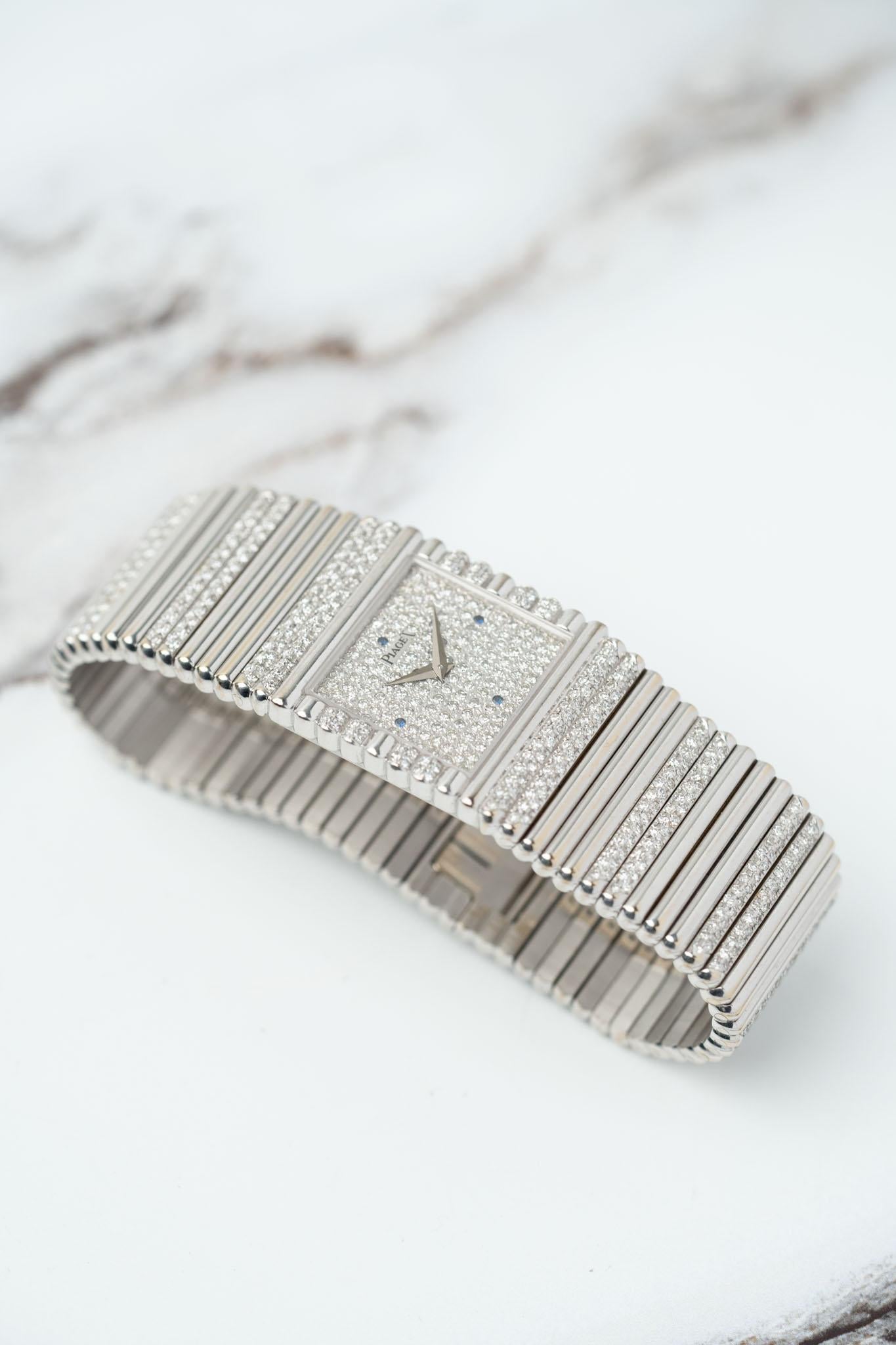 Piaget Emperador 9131 Pave Diamond Sapphire Dial Pave Diamond Bracelet 18k WG Bon état - En vente à SYDNEY, AU